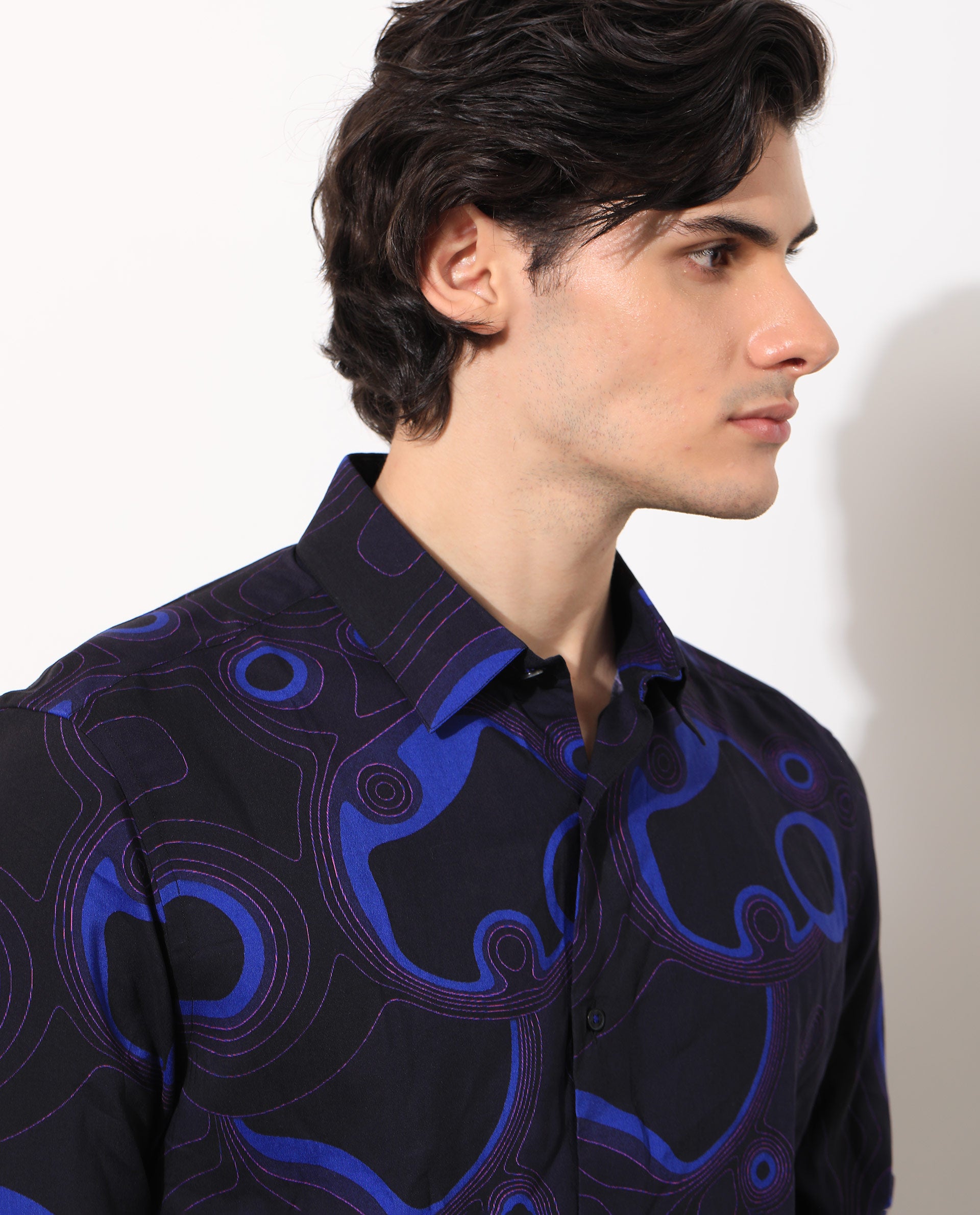 Rare Rabbit Men's Inlet Navy Viscose Fabric Abstract Print Full Sleeves Shirt