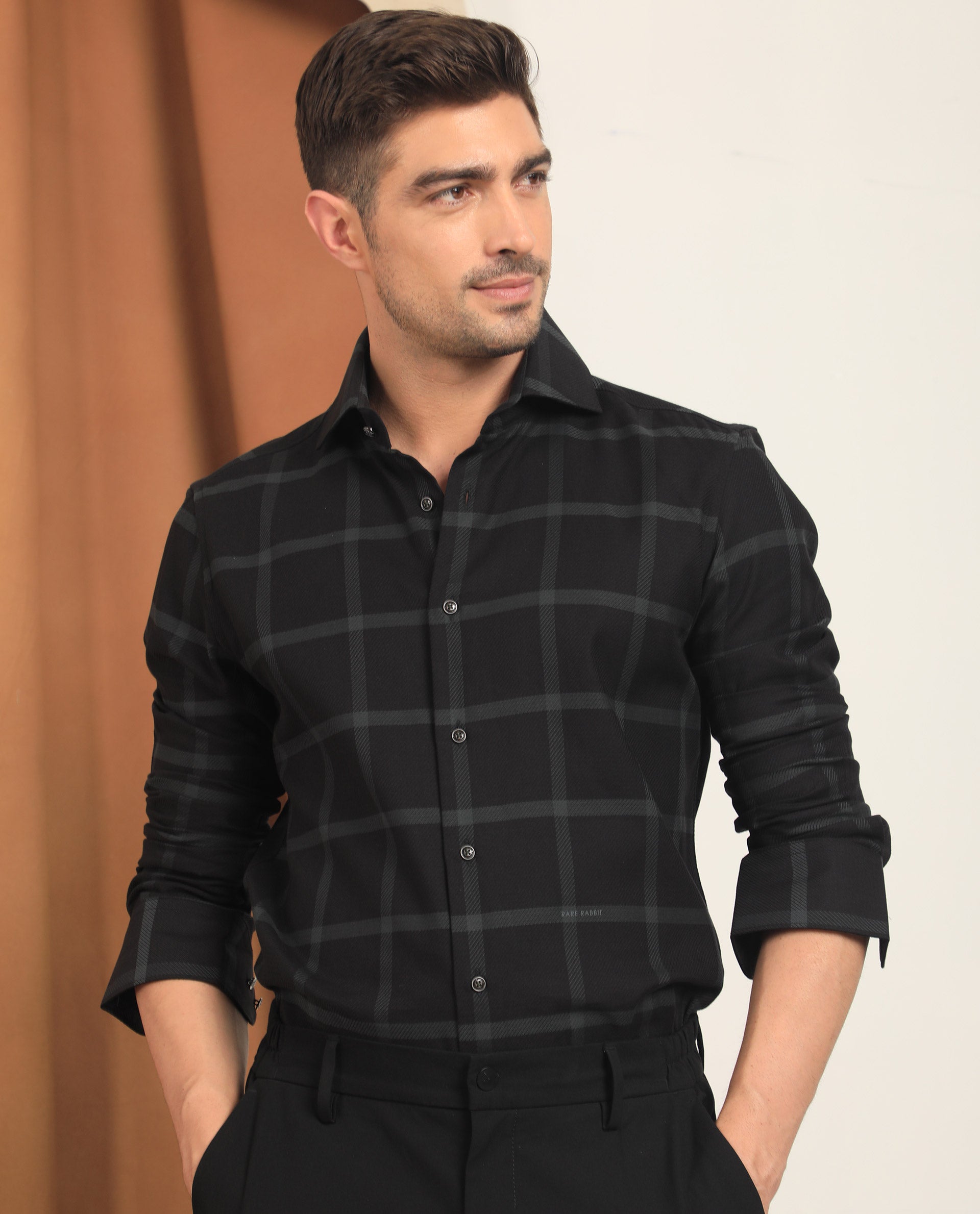 Rare Rabbit Men's Nielson Black Cotton Fabric Full Sleeves Checks Shirt