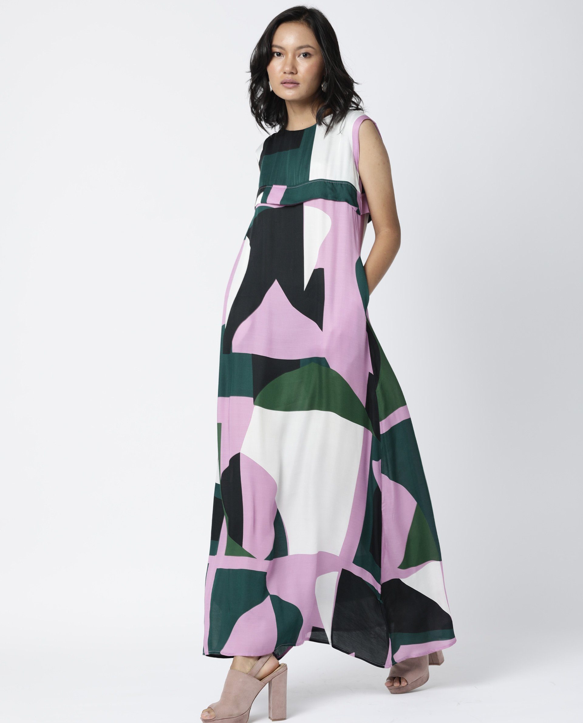 Rareism Womens Fume Pink Cotton Silk Fabric Long Length Round Collar Neck Boxy Fit