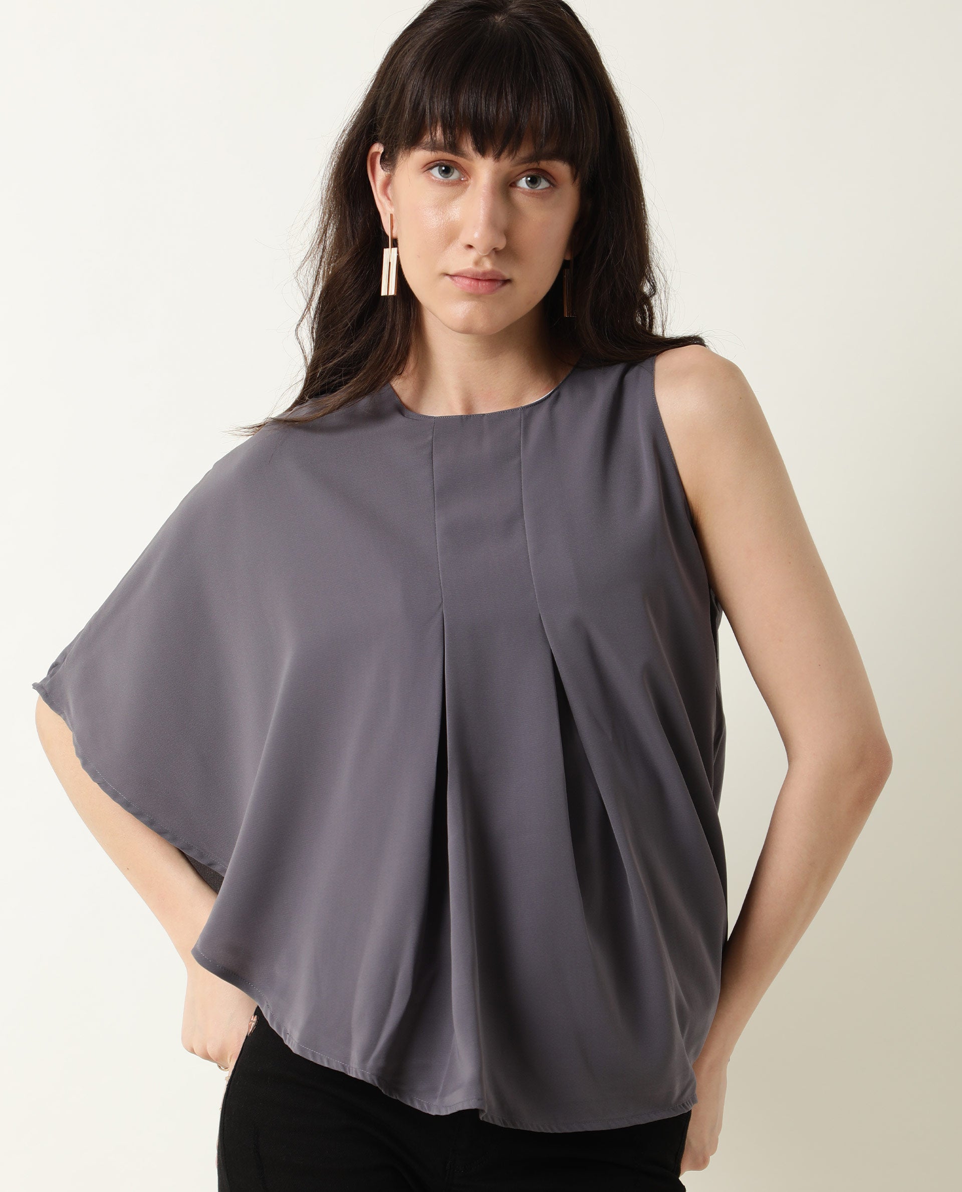 Rareism Womens Hudy Grey Top Polyester Fabric Relaxed Fit Flared Sleeve Round Neck