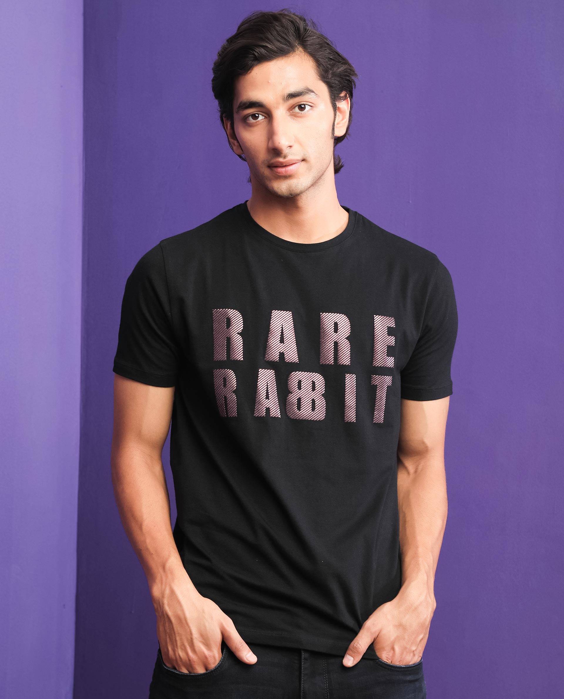 Rare Rabbit Mens Electricc Black Cotton Lycra Fabric Short Sleeves Crew Neck Slim Fit T-Shirt