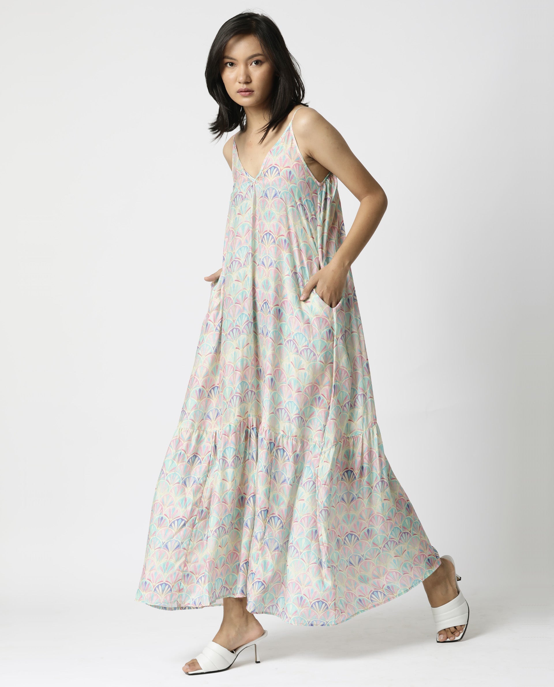 Rareism Women Prima Pink V Neck Spaghetti Back Tie Up Straps With Pockets Tiered Maxi Dress