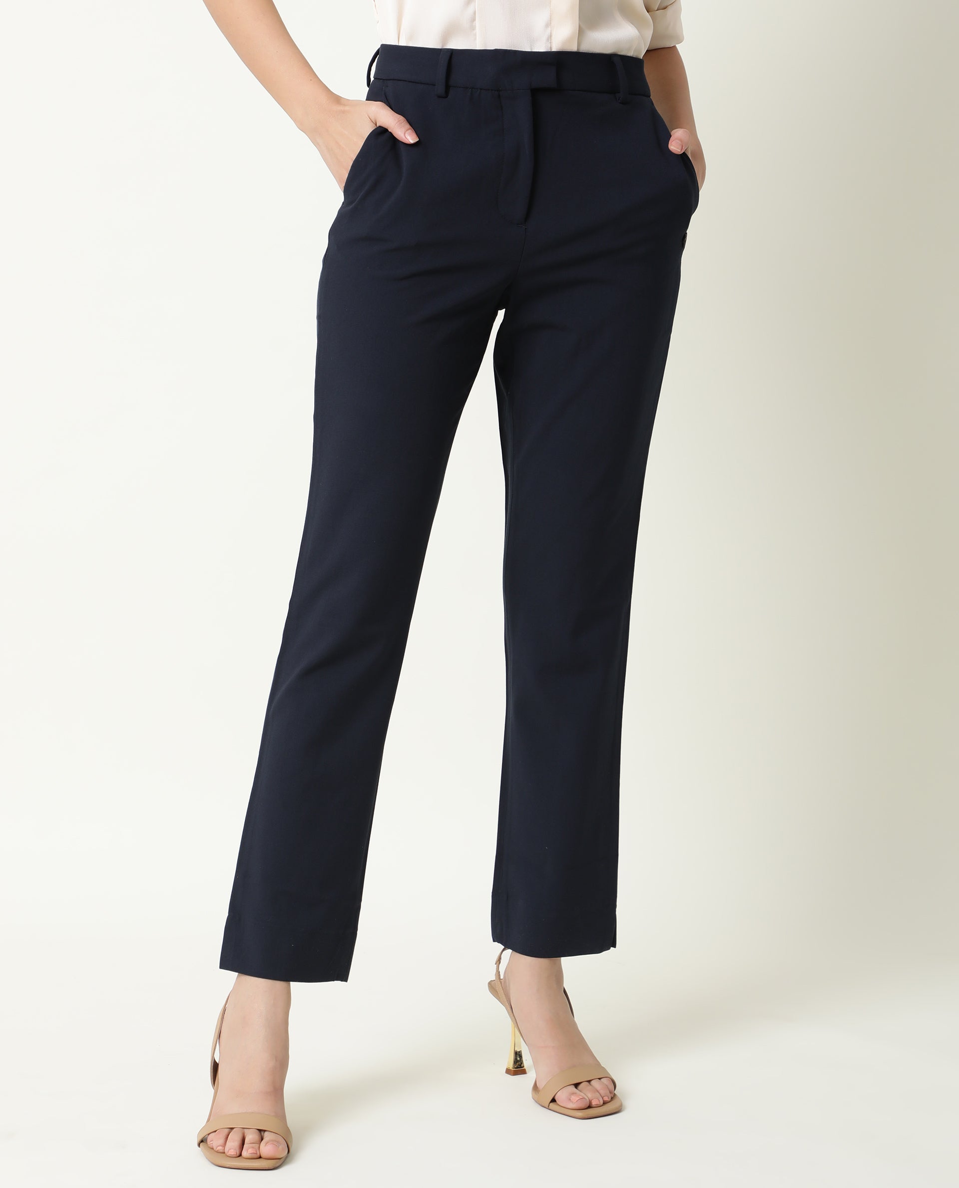 Rareism Women Yard Navy Poly Cotton Fabric Boot Cut Mid Rise Solid Ankle Length Trousers