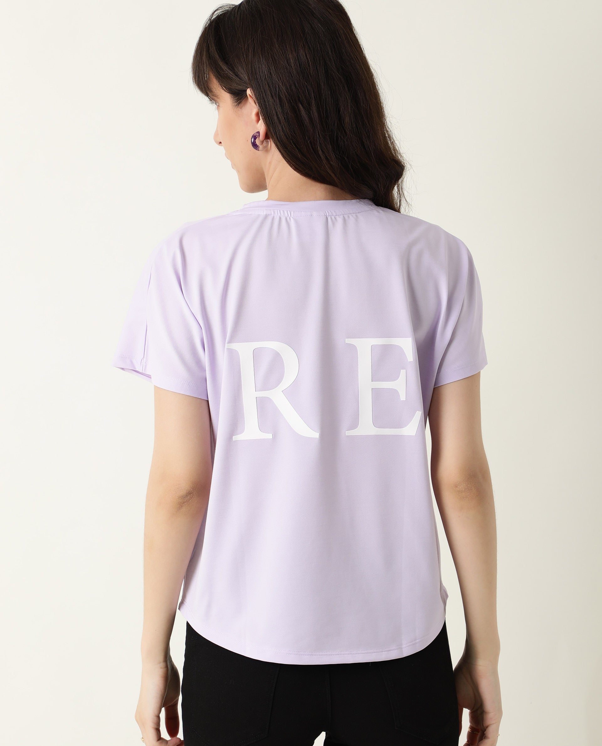 Rareism Women Zeg Light Purple Cotton Fabric Regular Fit Half Sleeves Graphic Print Crew Neck T-Shirt