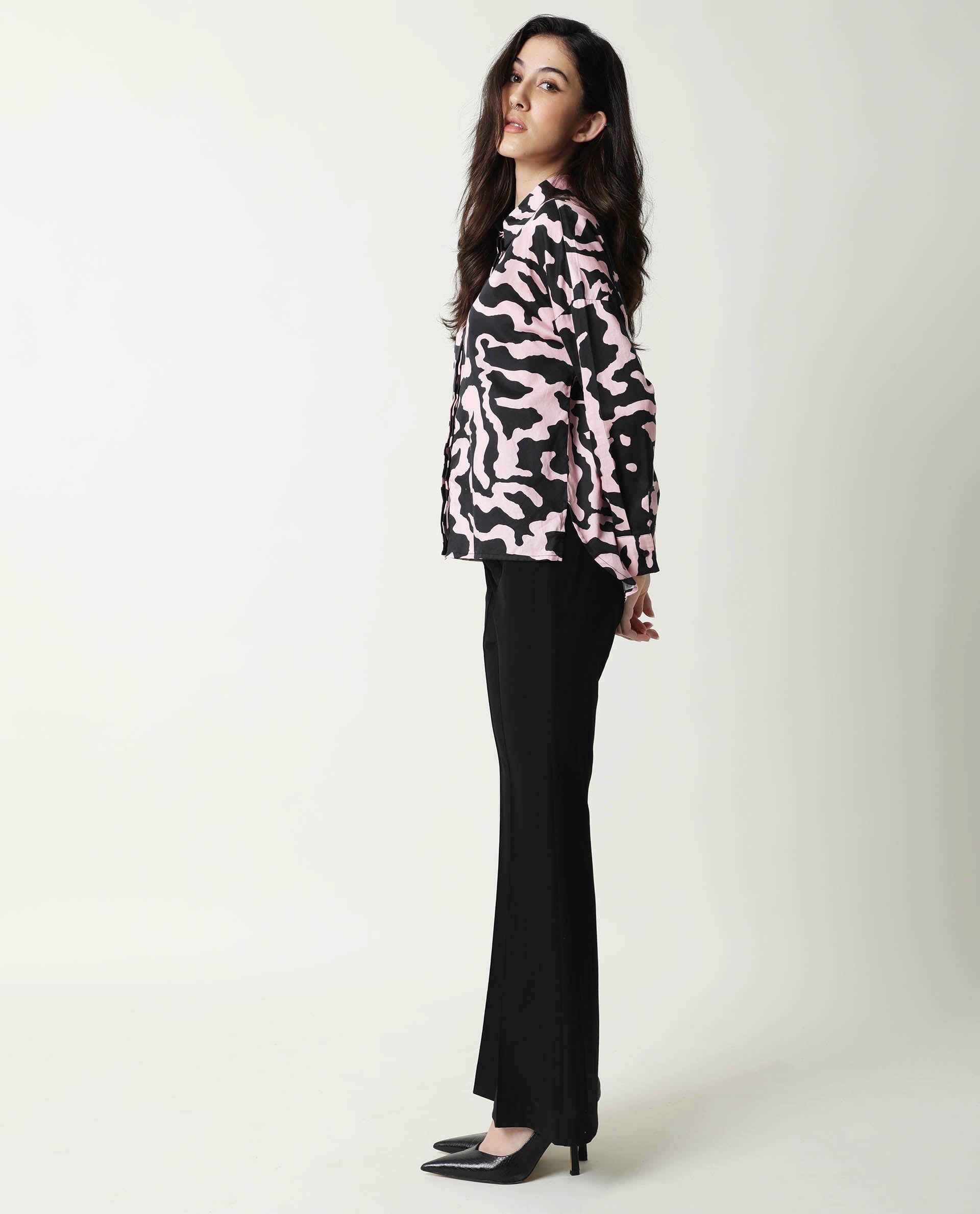 Rareism Women Revolt Black Cotton Linen Fabric Regular Fit Collarless Full Sleeves Abstract Print Top