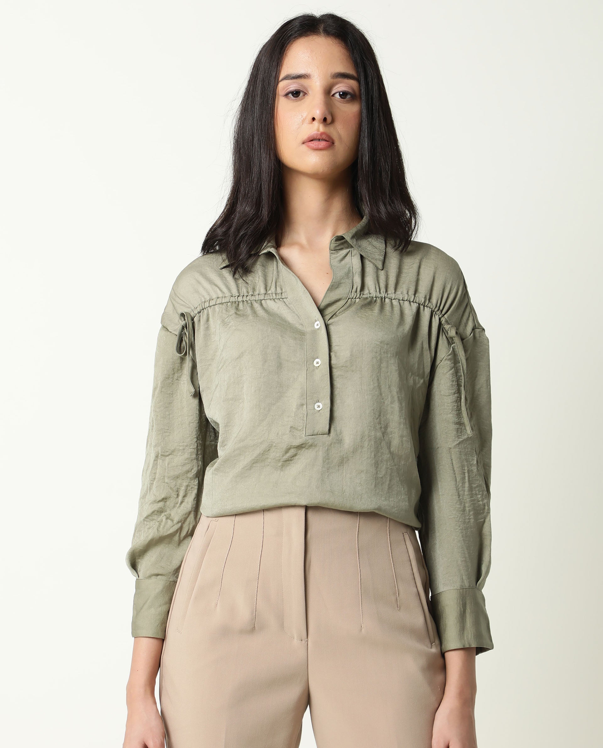 Rareism Womens Hullay Green Top Polyester Fabric Regular Fit 3/4 Sleeve Collared Neck