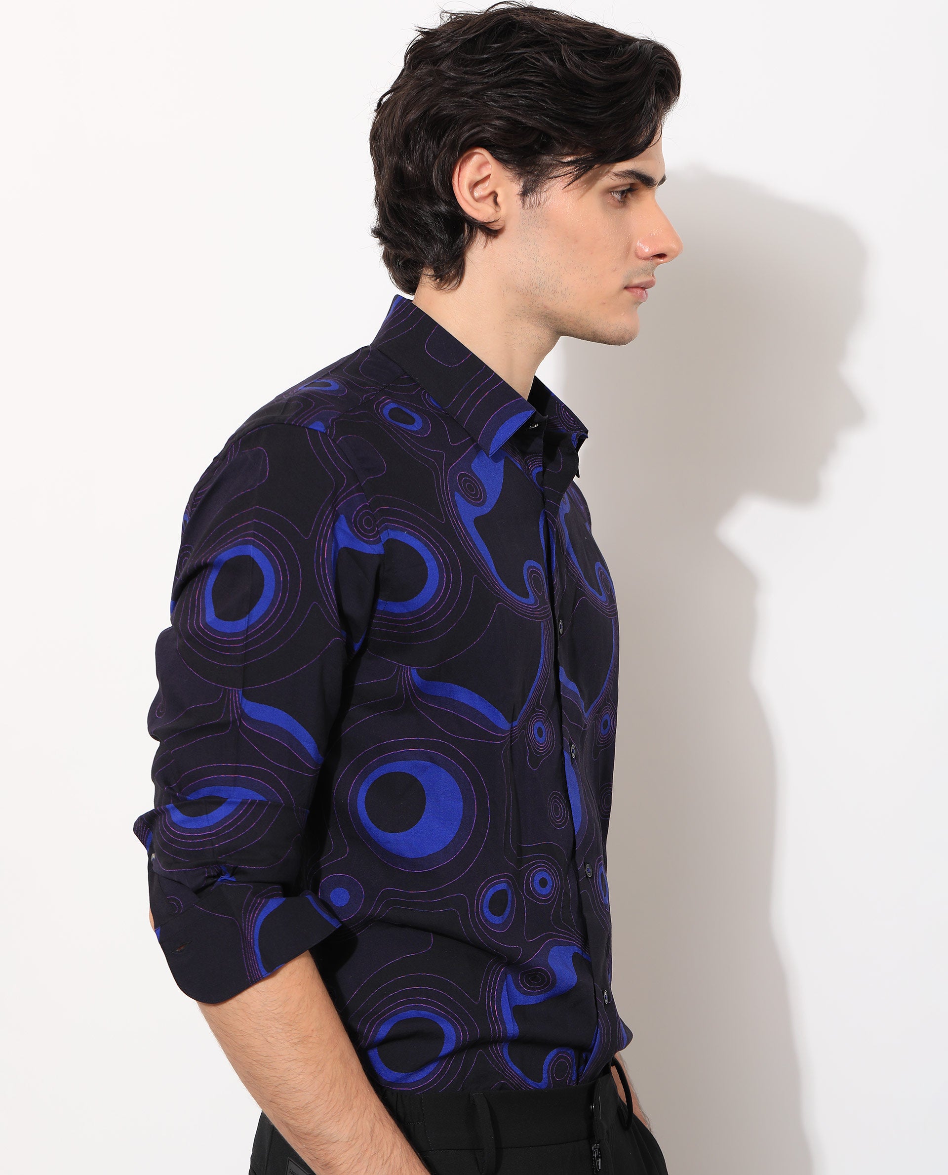 Rare Rabbit Men's Inlet Navy Viscose Fabric Abstract Print Full Sleeves Shirt