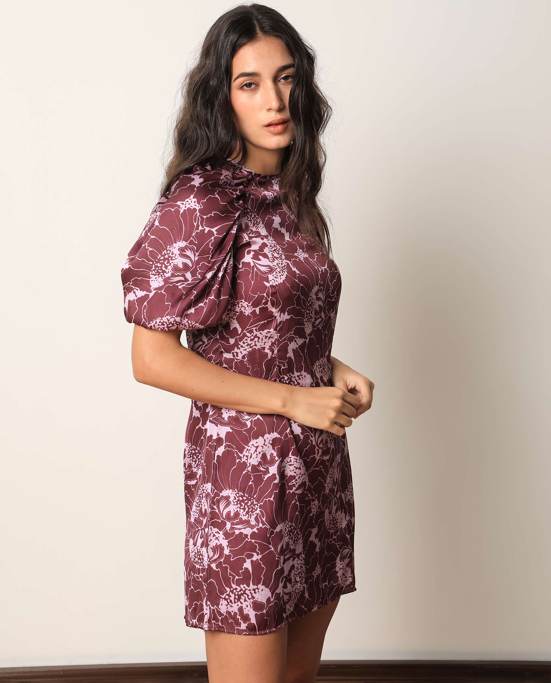Rareism Women Christie Dark Maroon Polyester Fabric Short Sleeves Zip Closure Round Neck Puff Sleeve Slim Fit Floral Print Short Asymmetric Dress