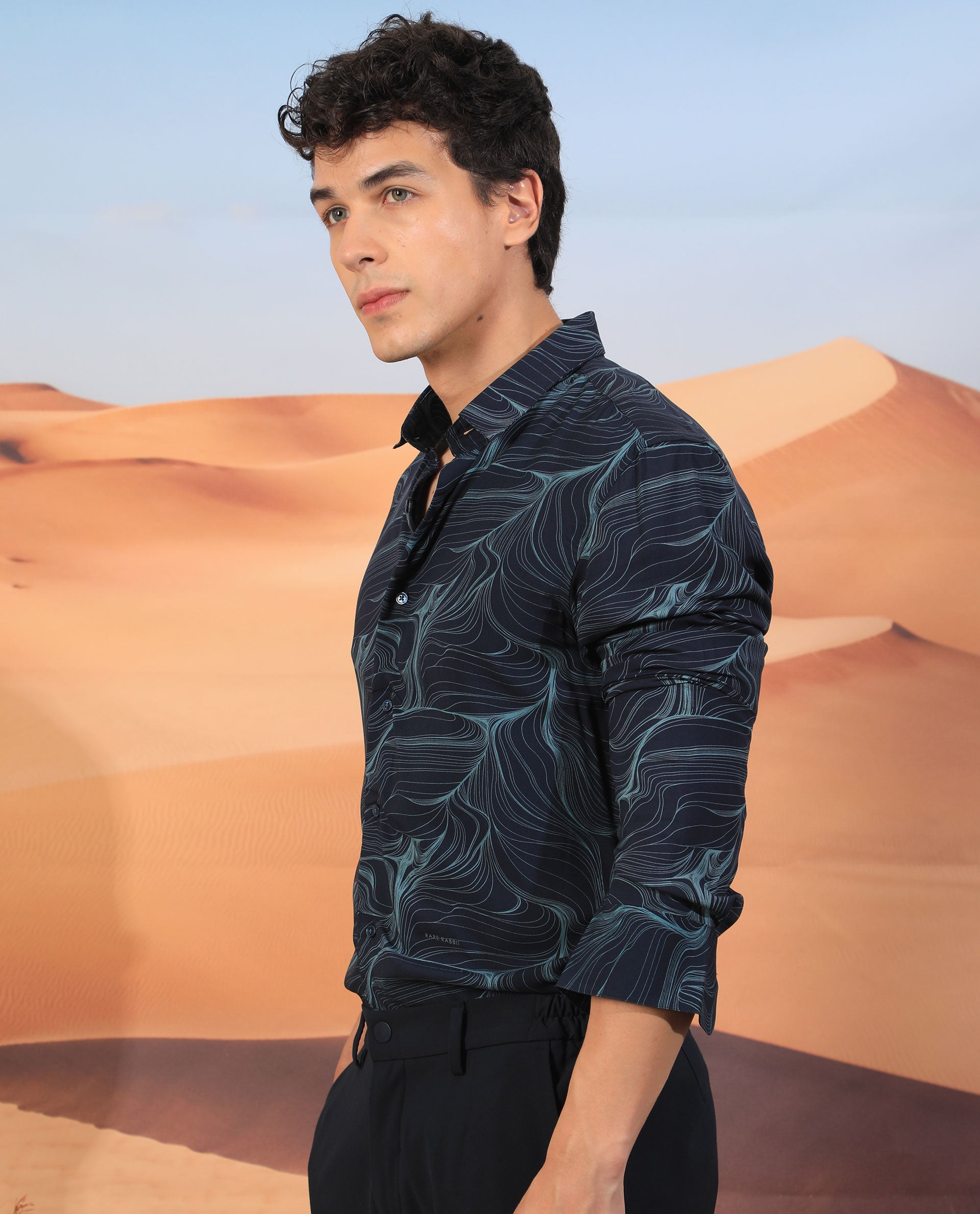 Rare Rabbit Men's Gravel Navy Viscose Fabric Abstract Print Full Sleeves Shirt