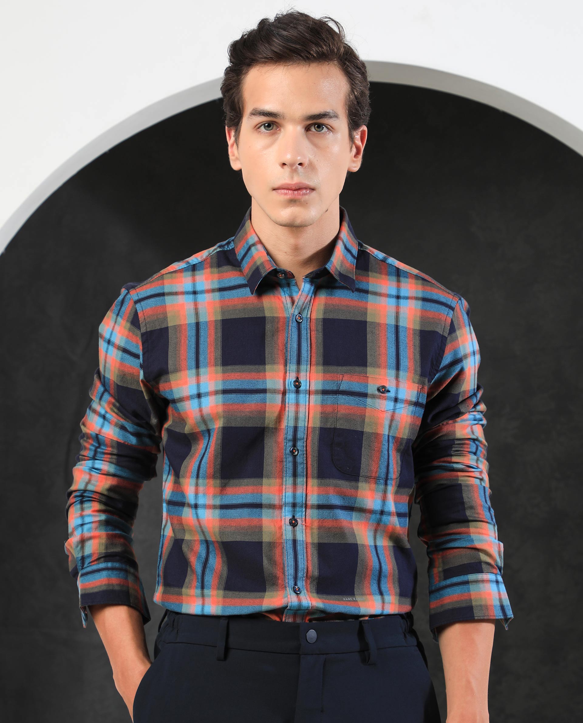 Rare Rabbit Men's Daneils Navy Cotton Fabric Full Sleeves Checks Shirt