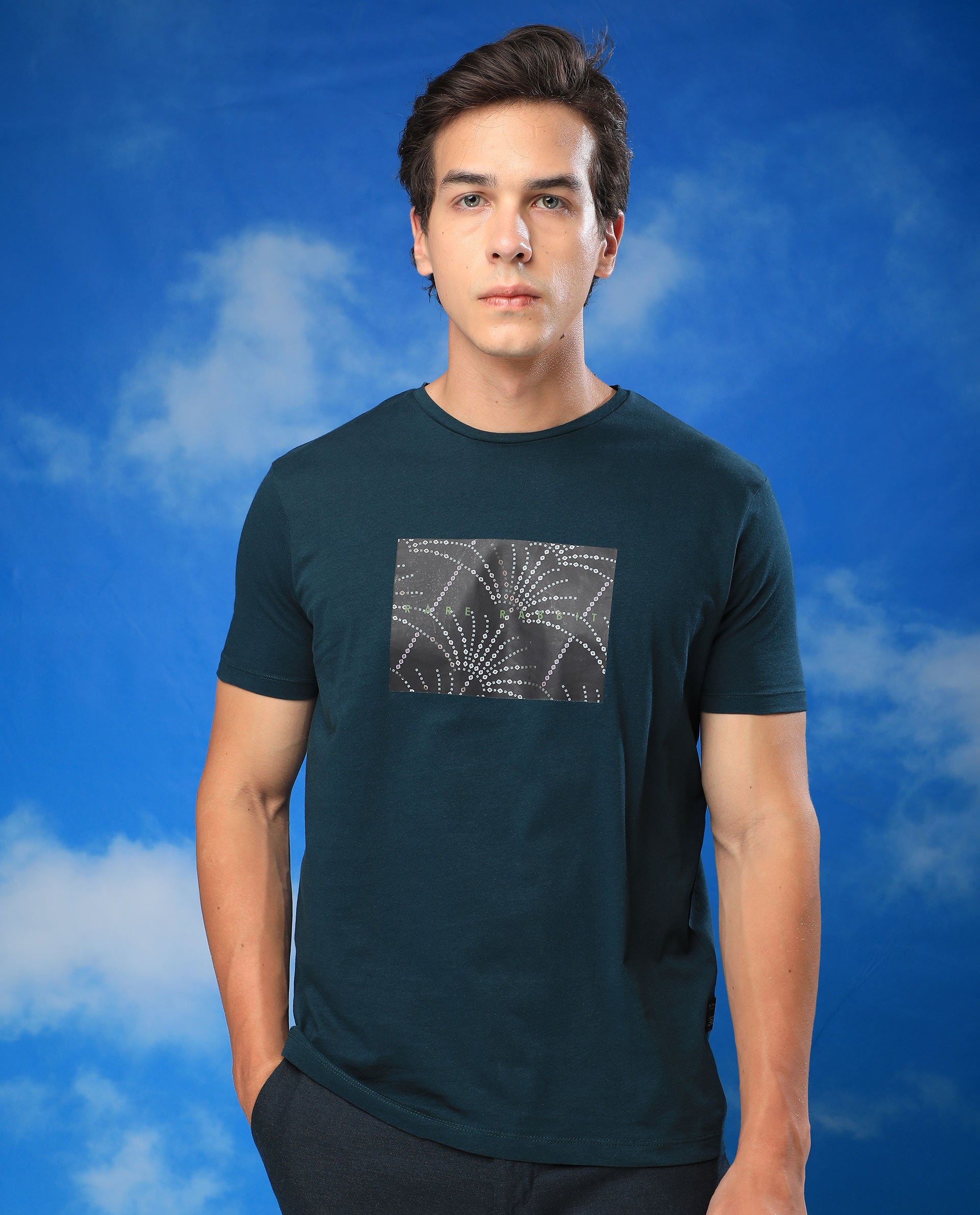 Rare Rabbit Men's Glams Green Crew Neck Abstract Graphic Logo Printed T-Shirt