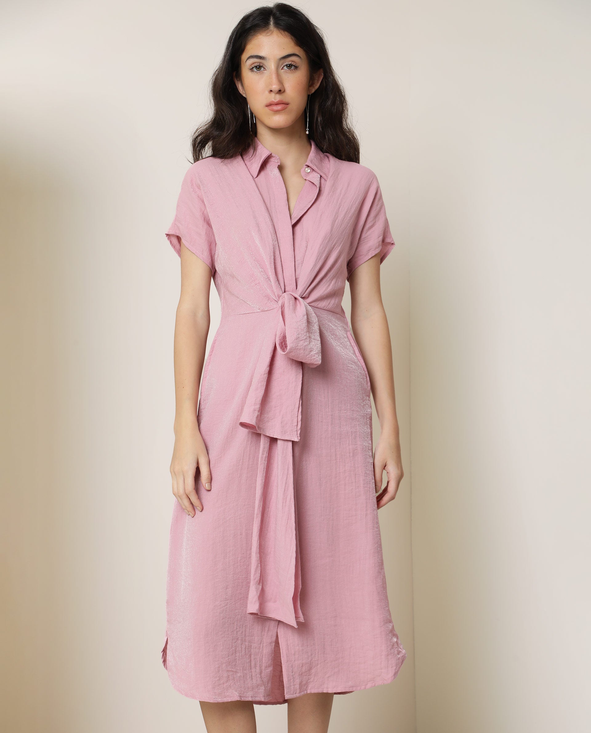 Rareism Women Kori Metallic Pink Shirt Collar Short Sleeve Front Button Closure Placket Fabric Waist Belt Pocket Midi Dress