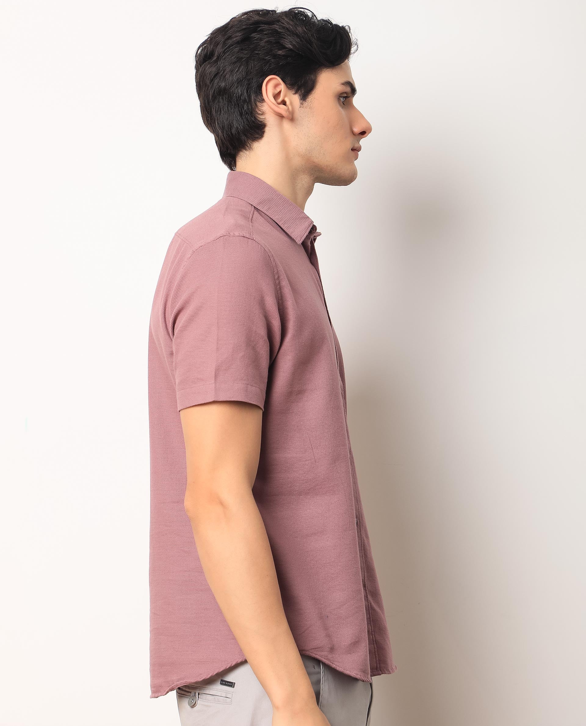 Rare Rabbit Men's Rissa Dusky Pink Cotton Fabric Half Sleeves Solid Dobby Shirt