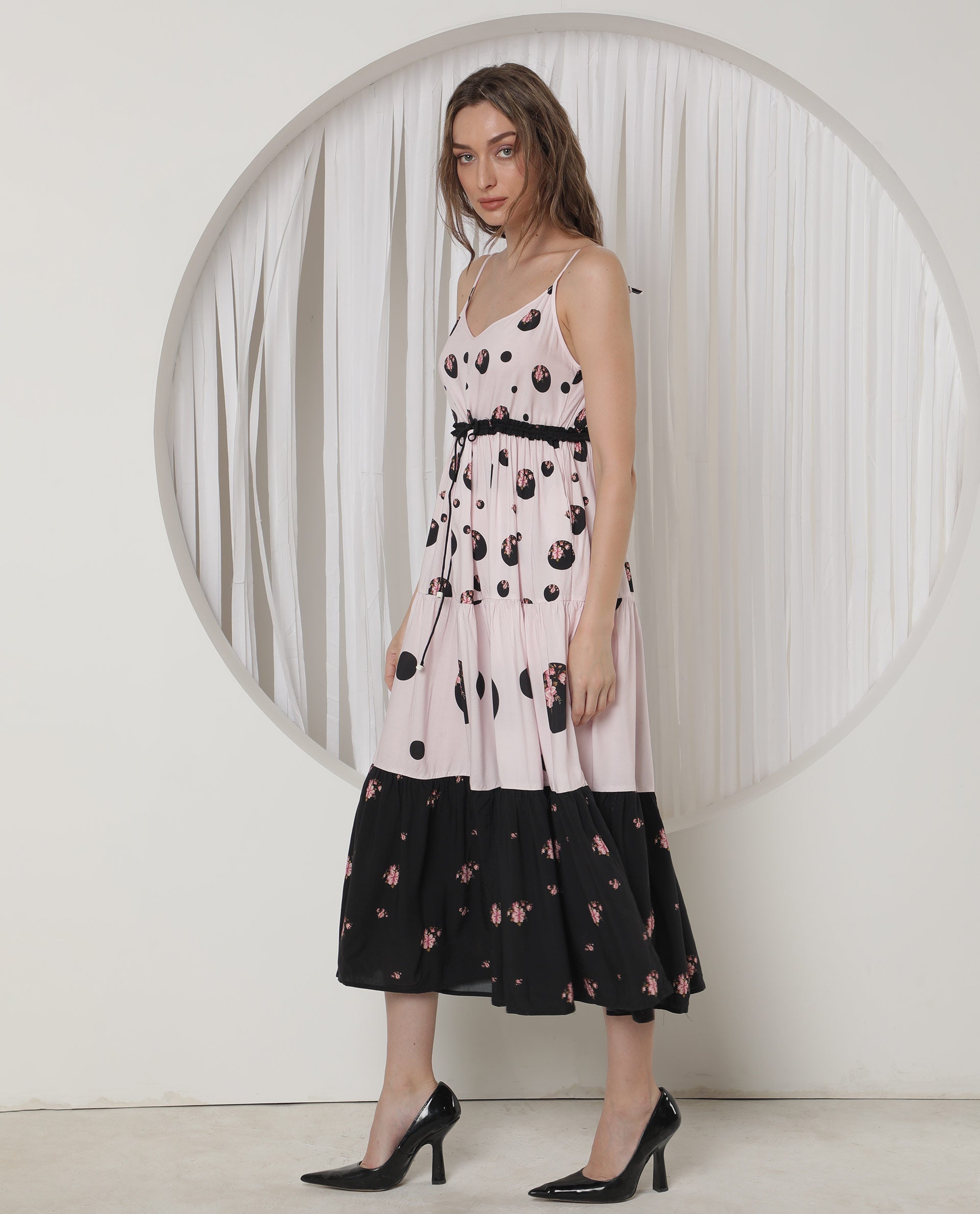 Rareism Women Lavandula Light Pink Polyester Fabric Sleeveless Shoulder Straps Relaxed Fit Polka Midi Tiered Dress