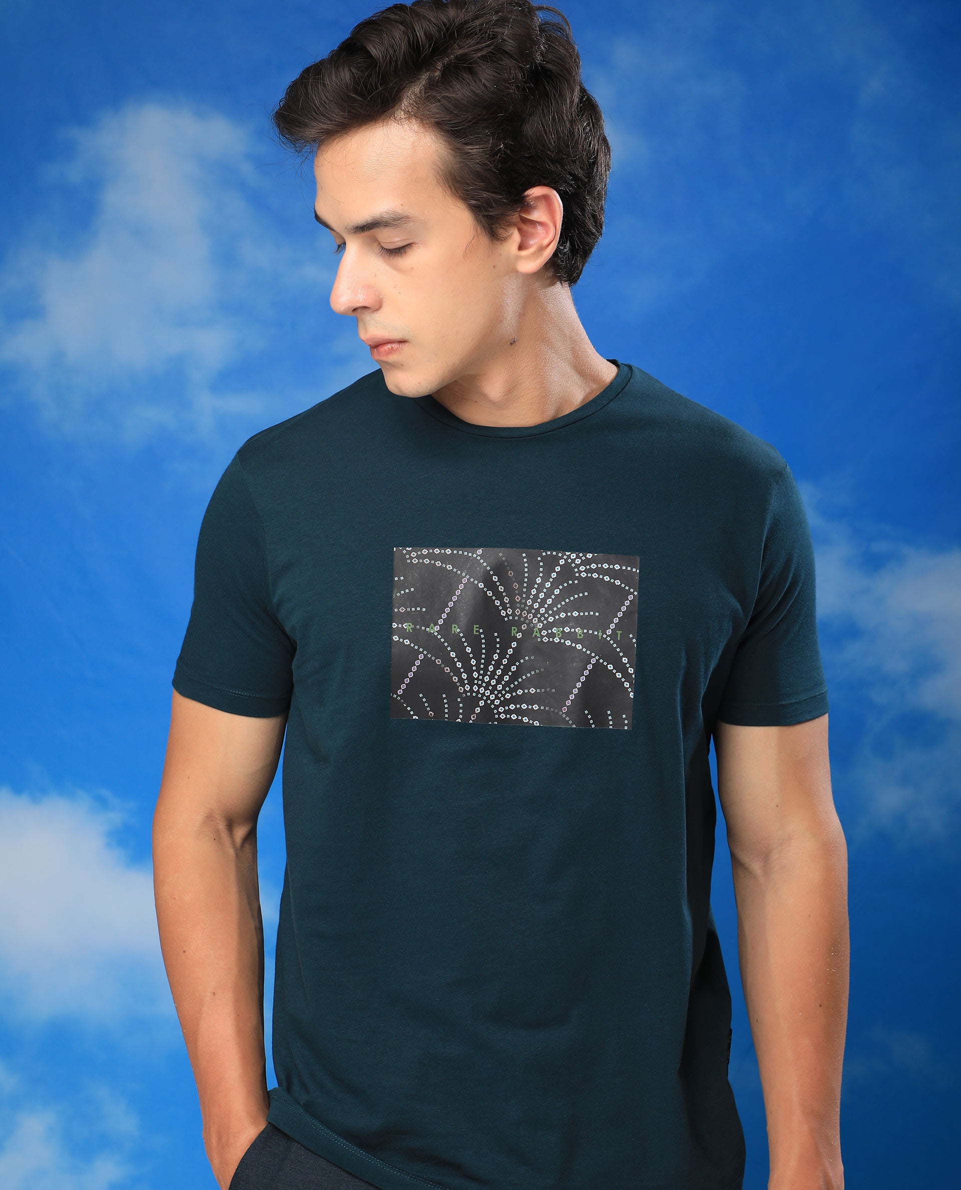 Rare Rabbit Men's Glams Green Crew Neck Abstract Graphic Logo Printed T-Shirt