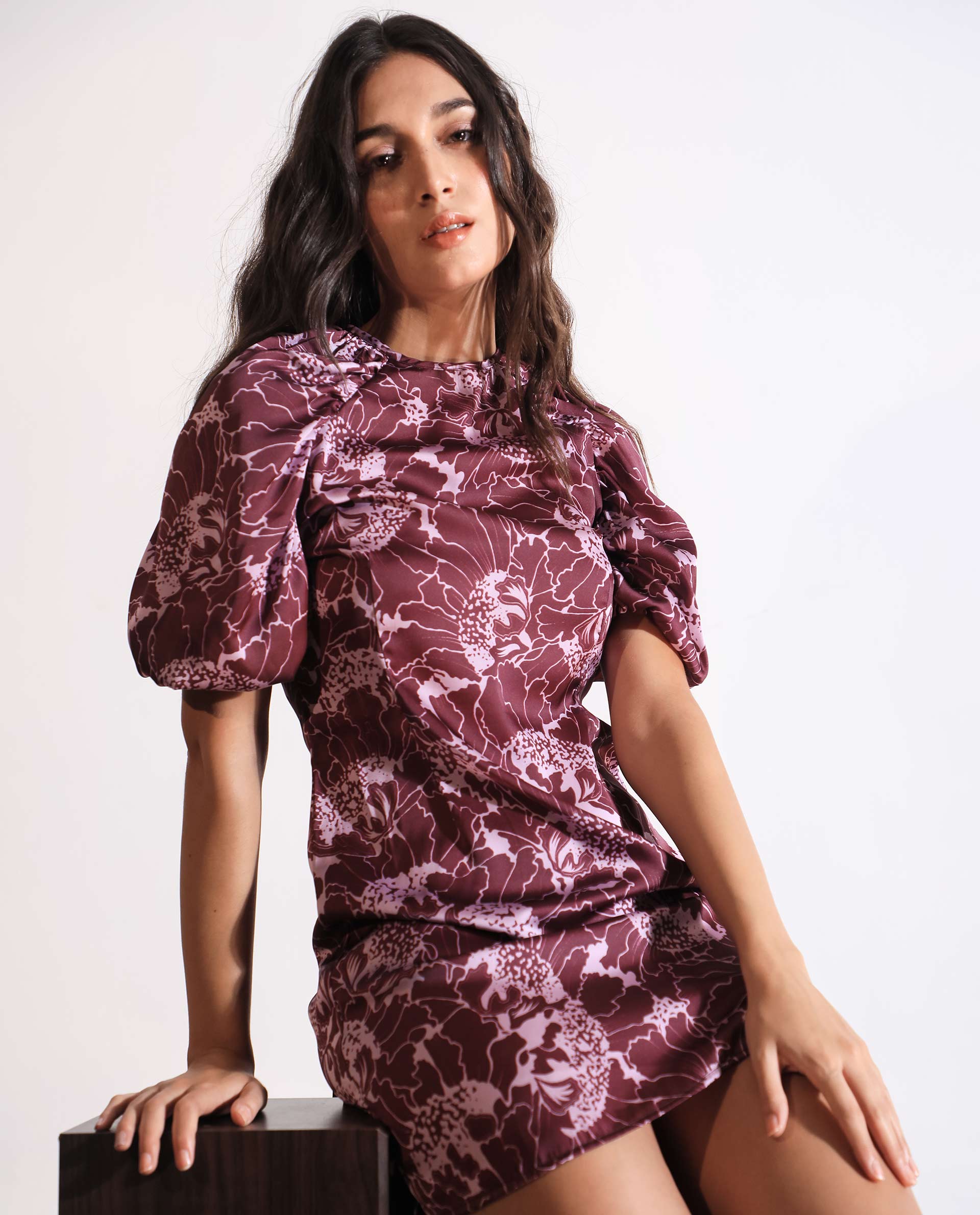 Rareism Women Christie Dark Maroon Polyester Fabric Short Sleeves Zip Closure Round Neck Puff Sleeve Slim Fit Floral Print Short Asymmetric Dress