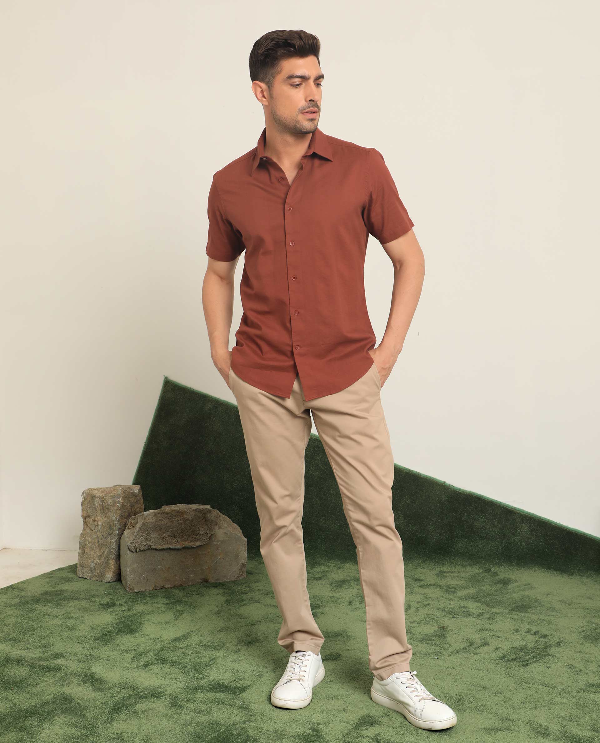 Rare Rabbit Men's Matto Rust Cotton Fabric Short Sleeve Regular Fit Self Stripe Dobby Shirt