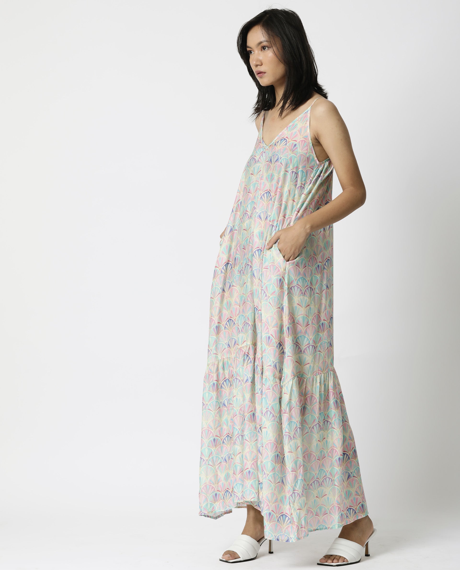 Rareism Women Prima Pink V Neck Spaghetti Back Tie Up Straps With Pockets Tiered Maxi Dress