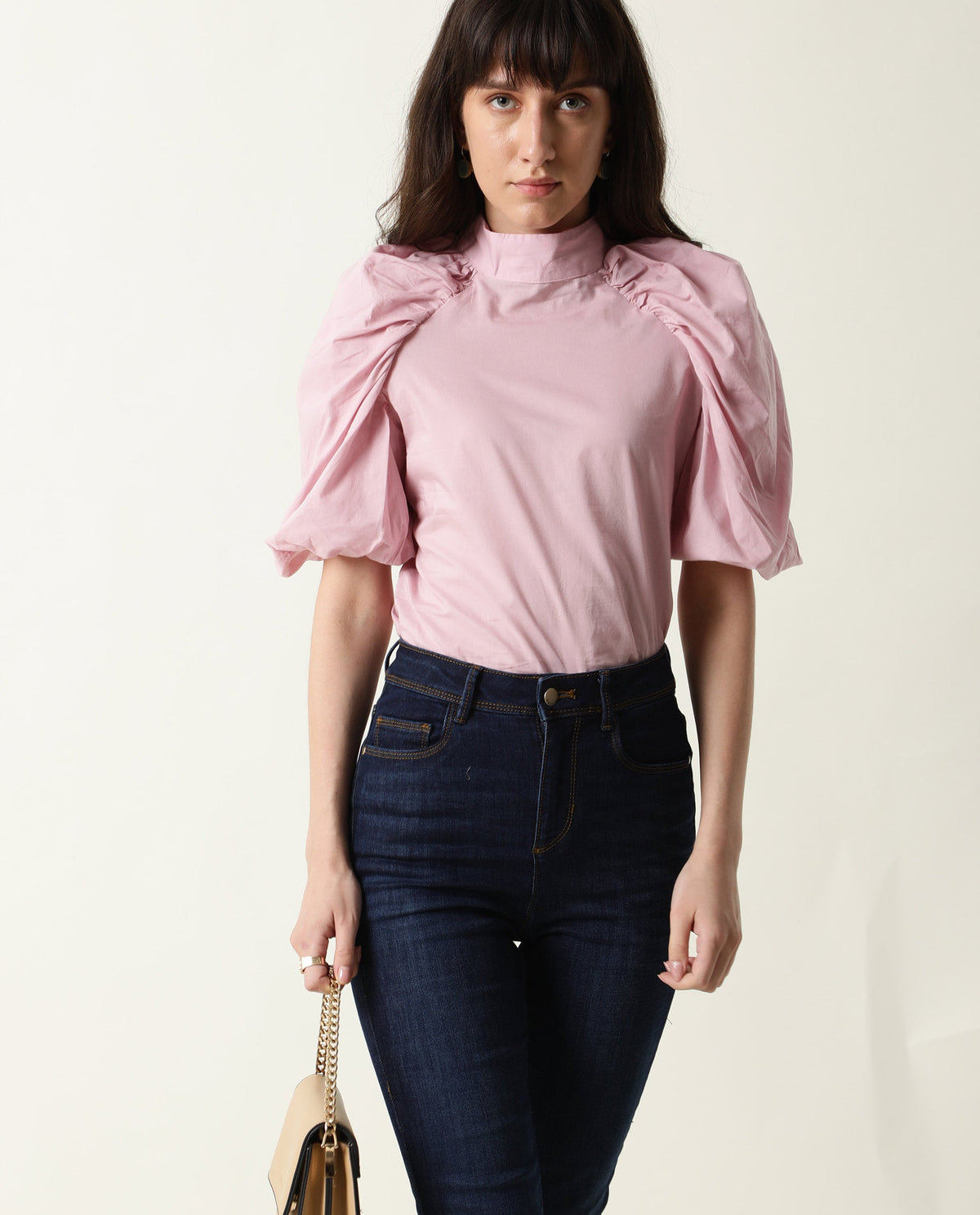 Rareism Womens Bobby Pink Top Cotton Fabric Half Sleeve High Neck