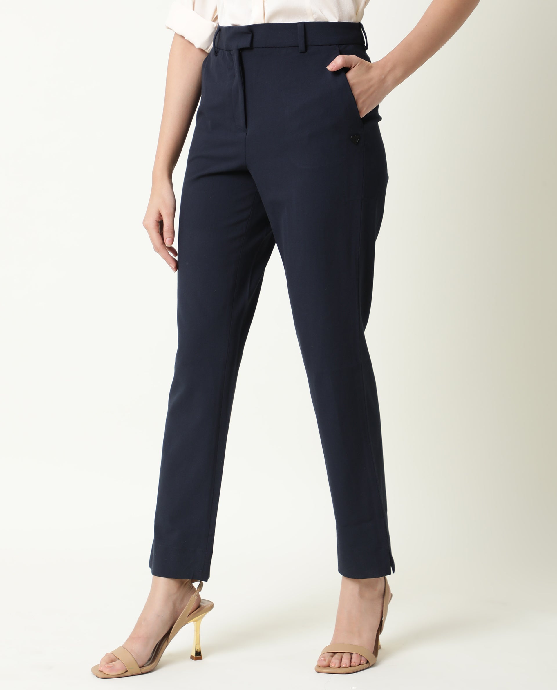 Rareism Women Yard Navy Poly Cotton Fabric Boot Cut Mid Rise Solid Ankle Length Trousers