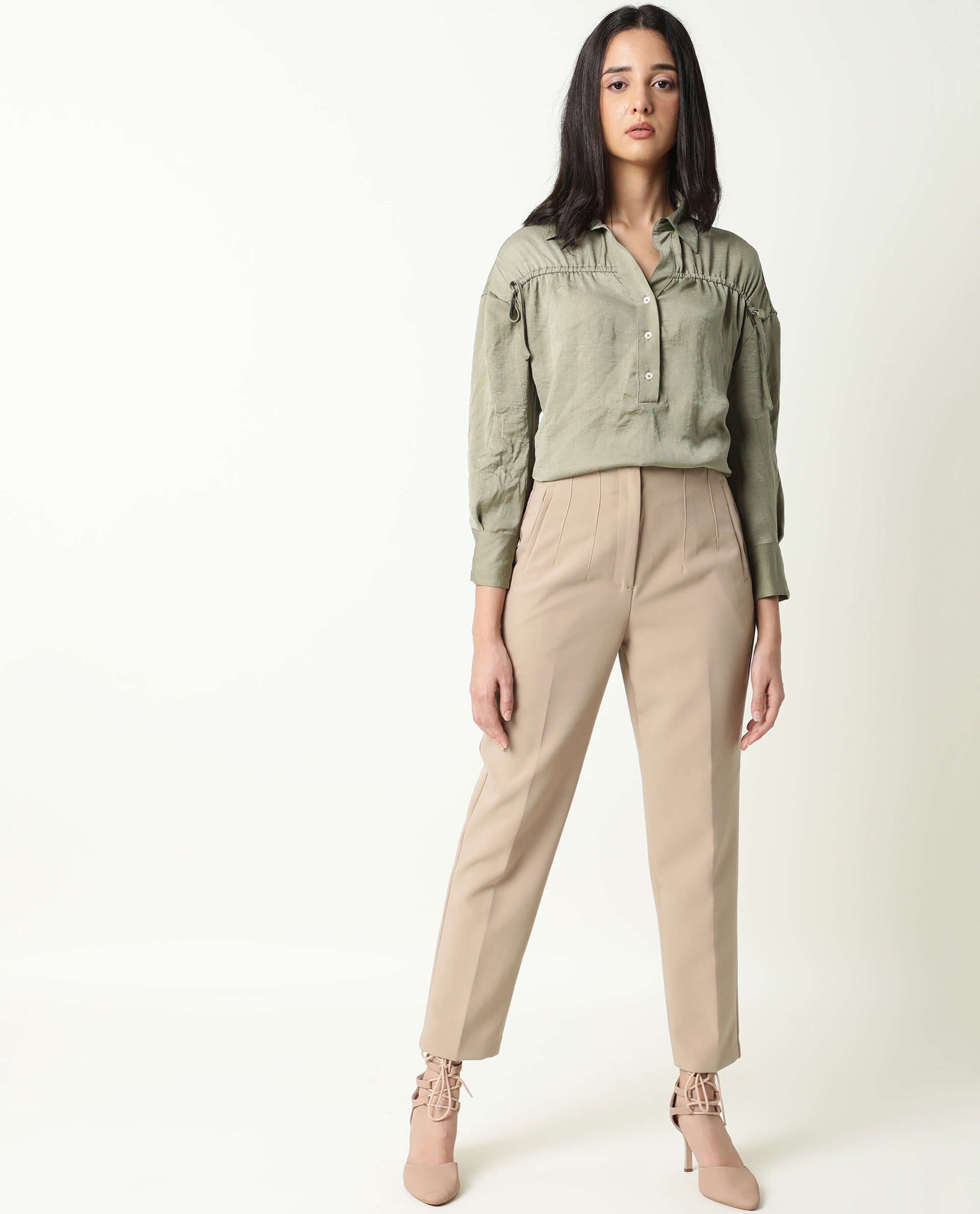 Rareism Womens Hullay Green Top Polyester Fabric Regular Fit 3/4 Sleeve Collared Neck