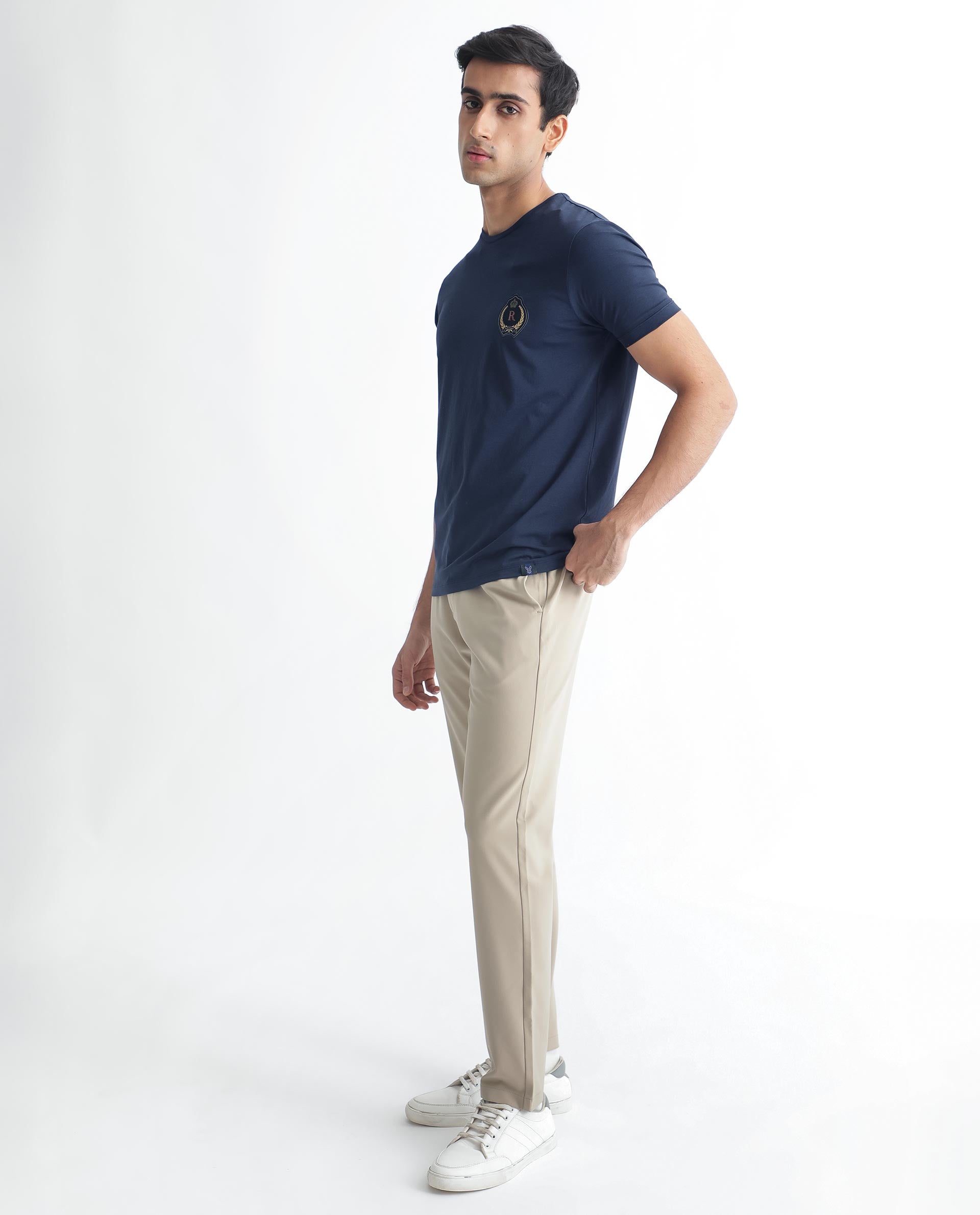 Rare Rabbit Men's Kos Navy Solid Crew Neck Chest Embroidered Label Branding Half Sleeves Regular Fit T-Shirt