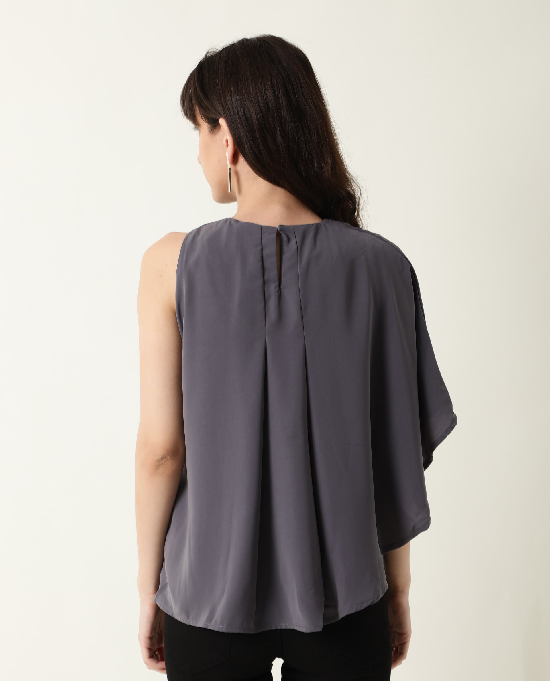 Rareism Womens Hudy Grey Top Polyester Fabric Relaxed Fit Flared Sleeve Round Neck