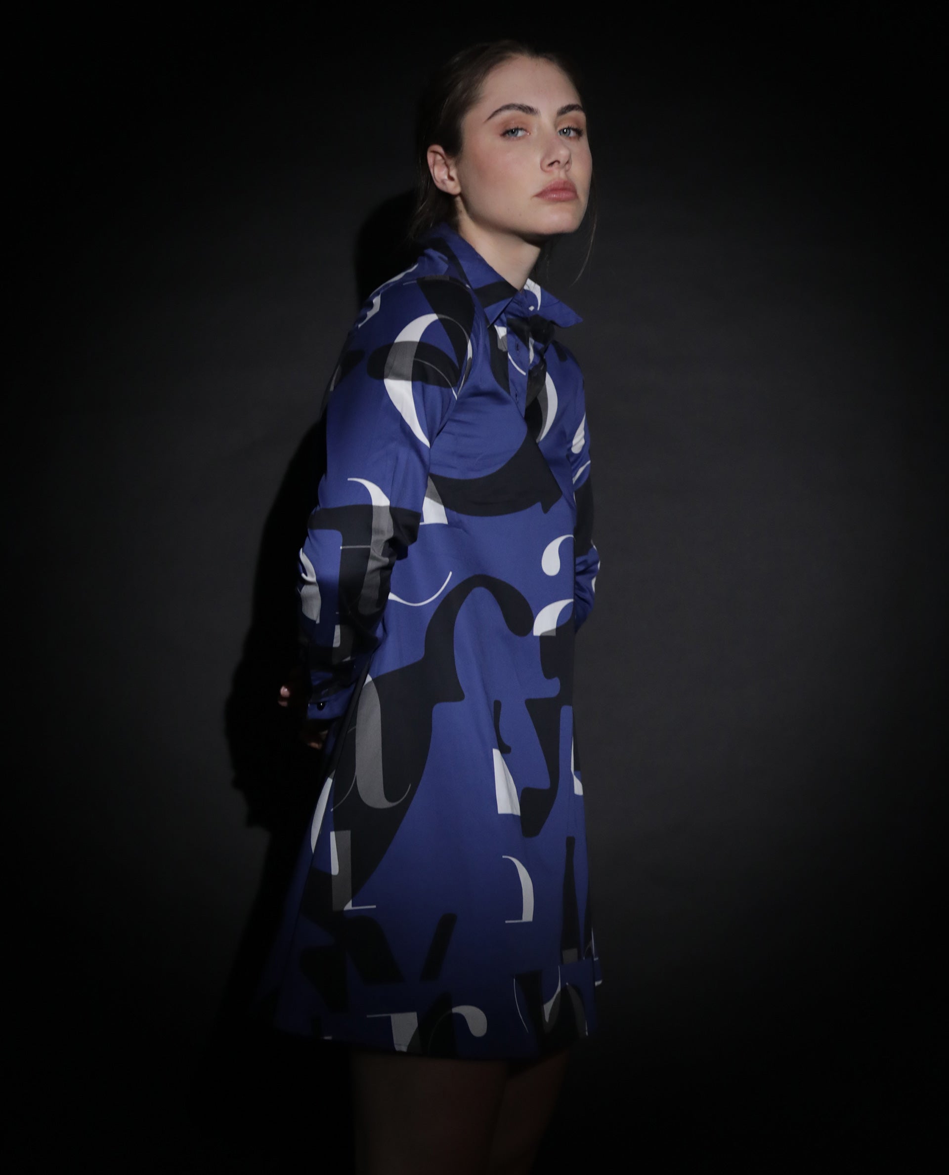 Rareism Women Macie Blue Cotton Fabric Full Sleeves Button Closure Mandarin Collar Regular Fit Graphic Print Knee Length Boxy Dress