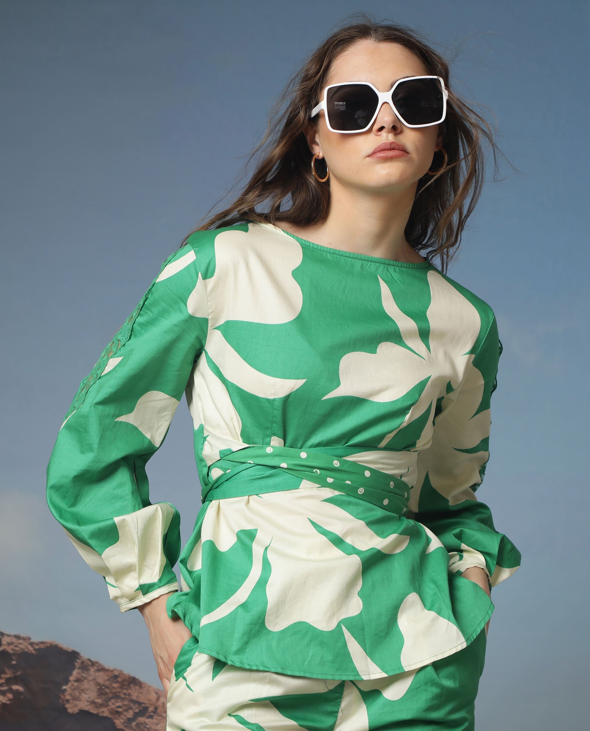 Rareism Women Sloane Green Top Cotton Fabric Full Sleeves Print
