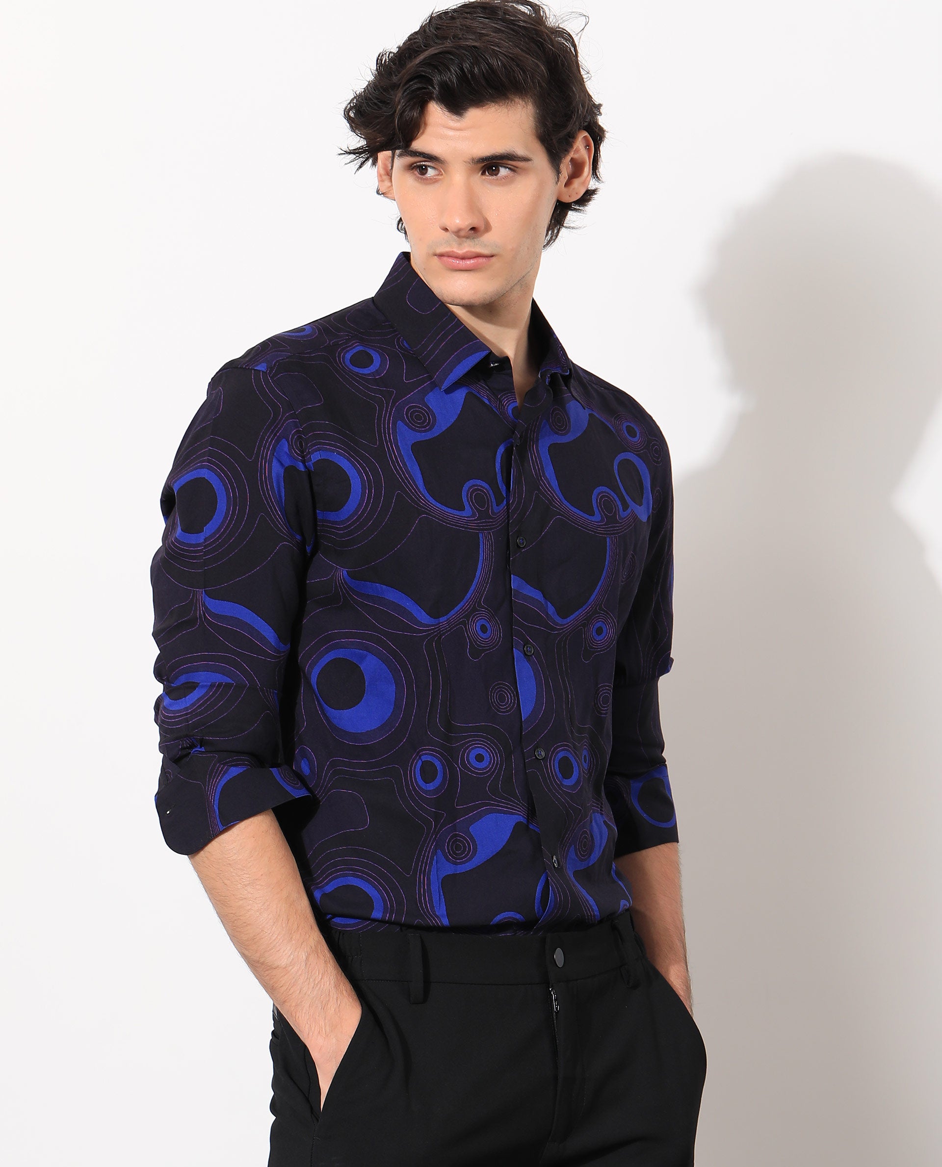 Rare Rabbit Men's Inlet Navy Viscose Fabric Abstract Print Full Sleeves Shirt