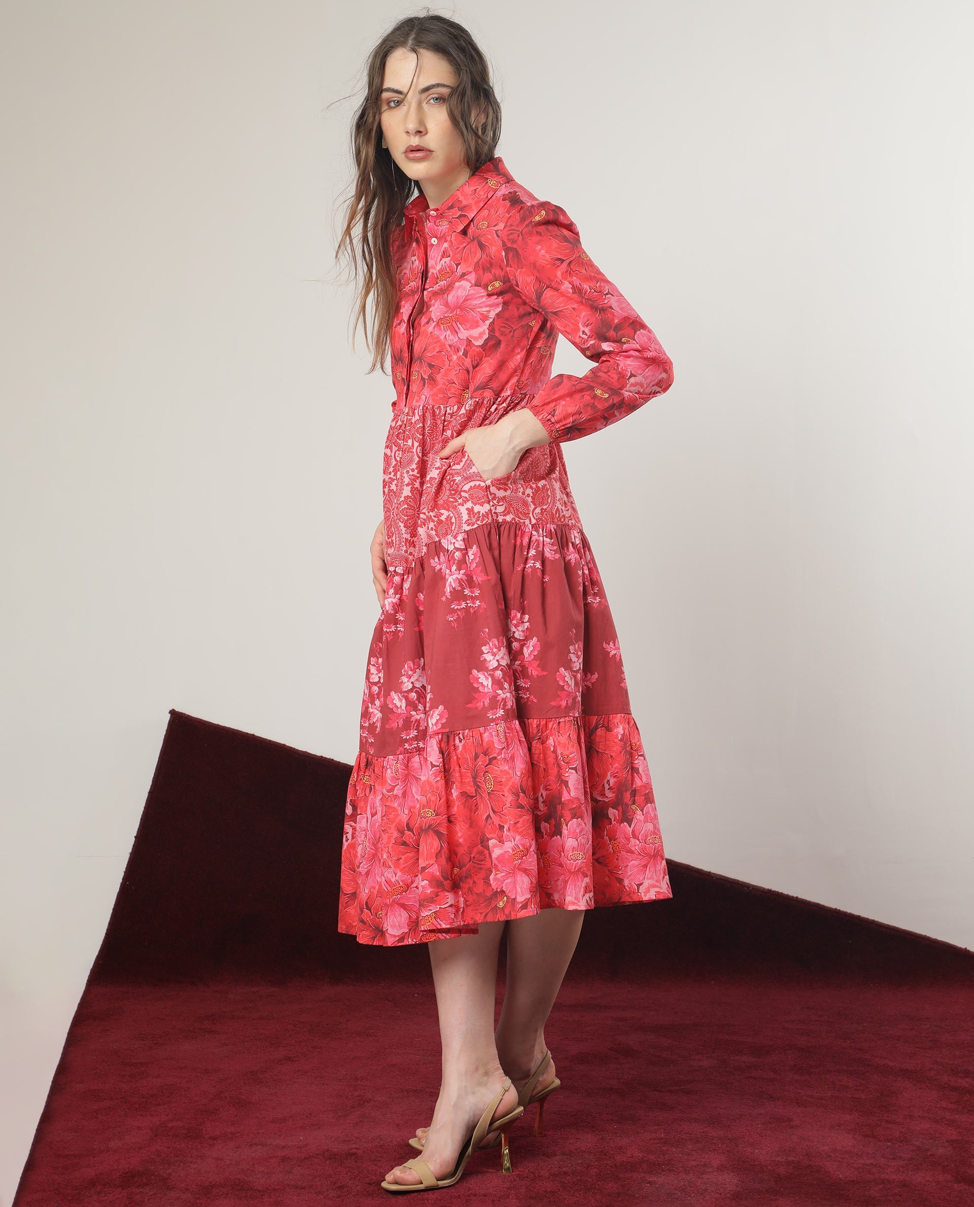 Rareism Women Ixora Maroon Cotton Fabric Full Sleeves Button Closure Shirt Collar Regular Fit Floral Print Knee Length Tiered Dress