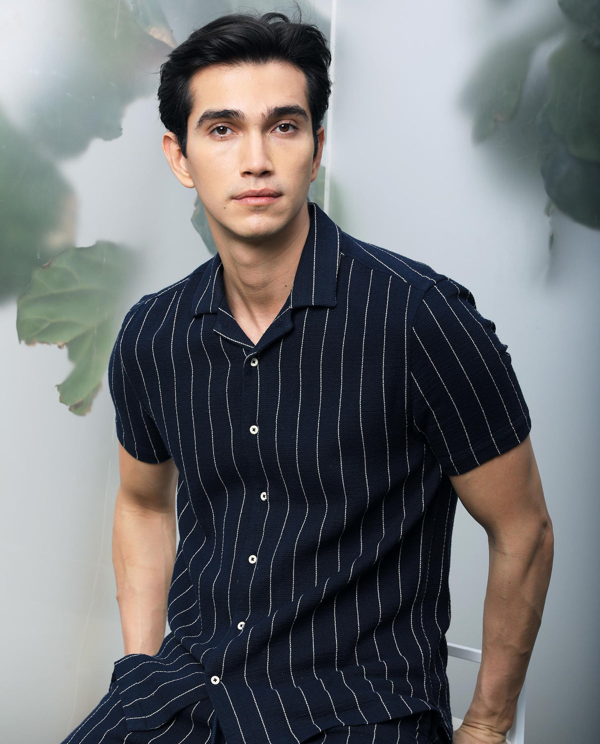 Rare Rabbit Men's Nano Navy Cotton Fabric Cuban Collar Half Sleeves Loosely Knit Stripe Shirt