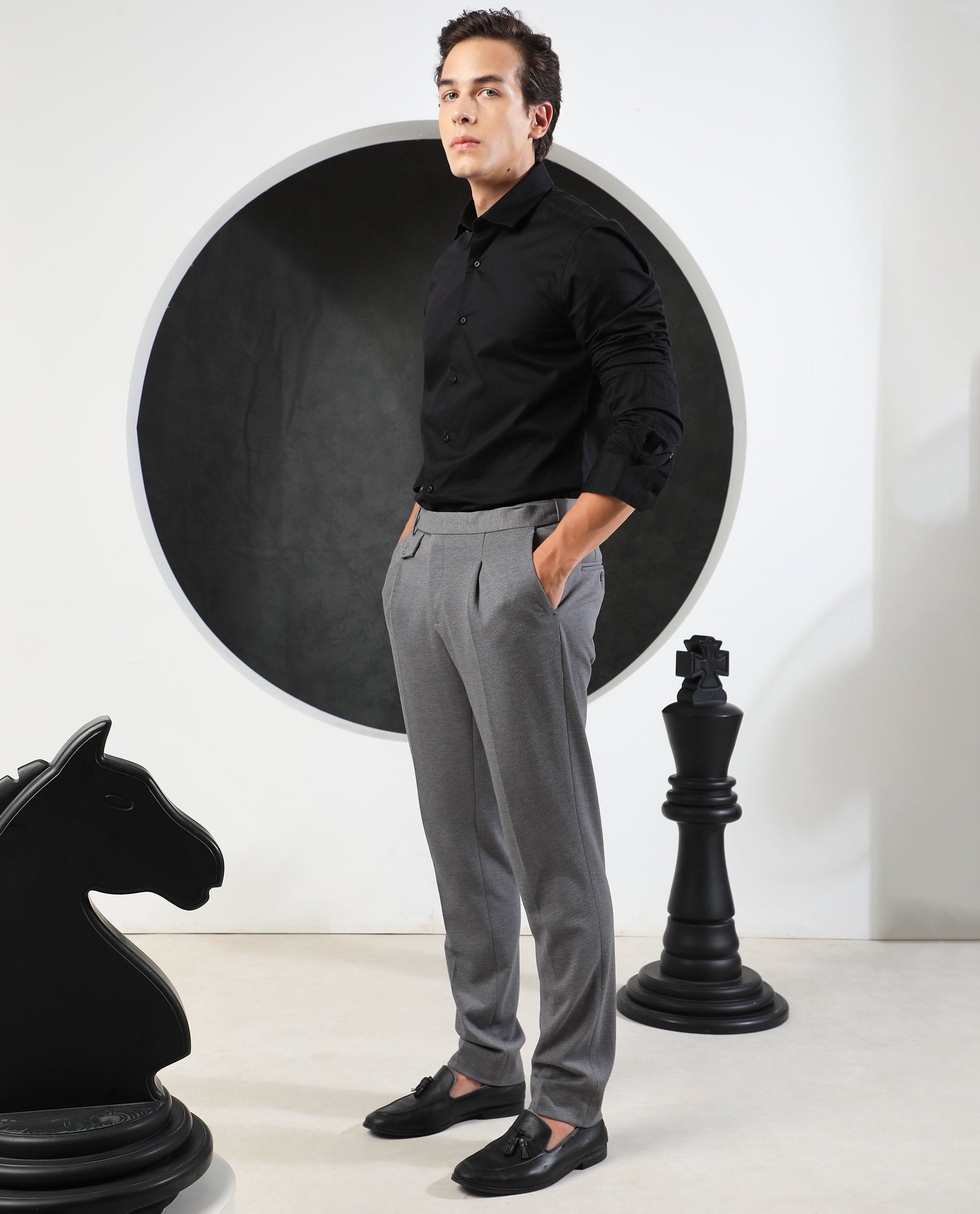 Rare Rabbit Men's Cents Black Dobby Full Sleeves Solid Shirt