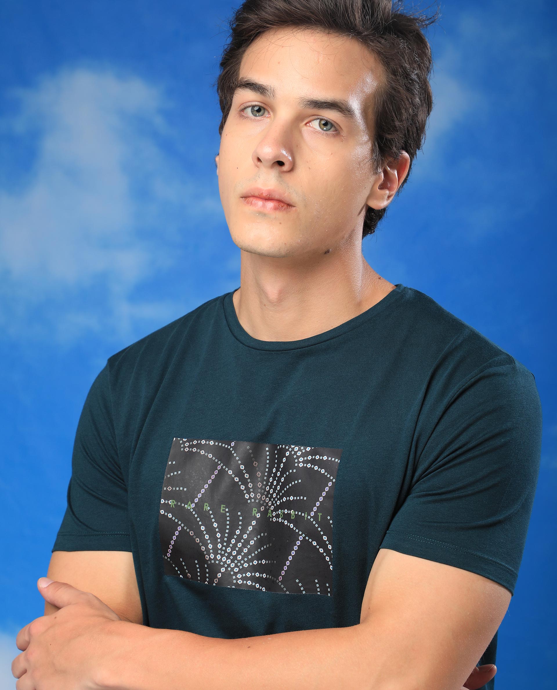 Rare Rabbit Men's Glams Green Crew Neck Abstract Graphic Logo Printed T-Shirt