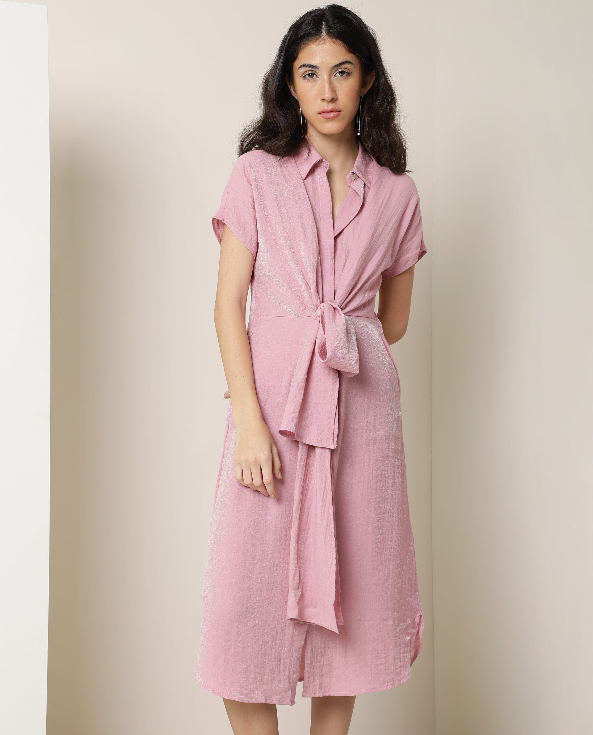 Rareism Women Kori Metallic Pink Shirt Collar Short Sleeve Front Button Closure Placket Fabric Waist Belt Pocket Midi Dress