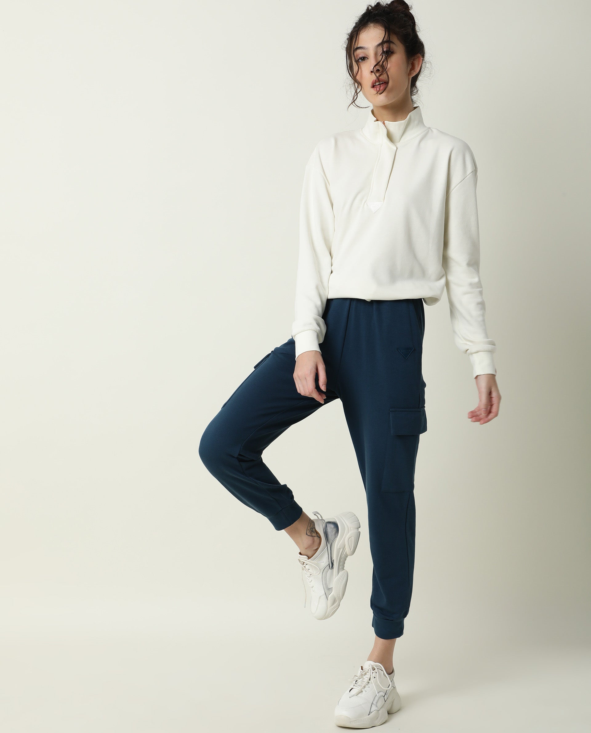 Rareism Women Taffy-1 Off White Relaxed Fit Full Sleeves Solid High Neck Sweatshirt