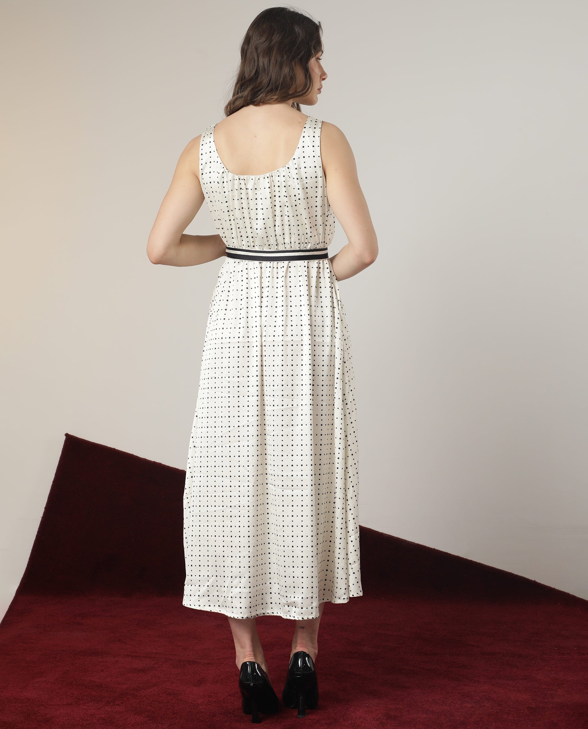 Rareism Women Narcissa Beige Polyester Fabric Boat Neck Sleeveless Regular Fit Polka Knee Length Empire Dress