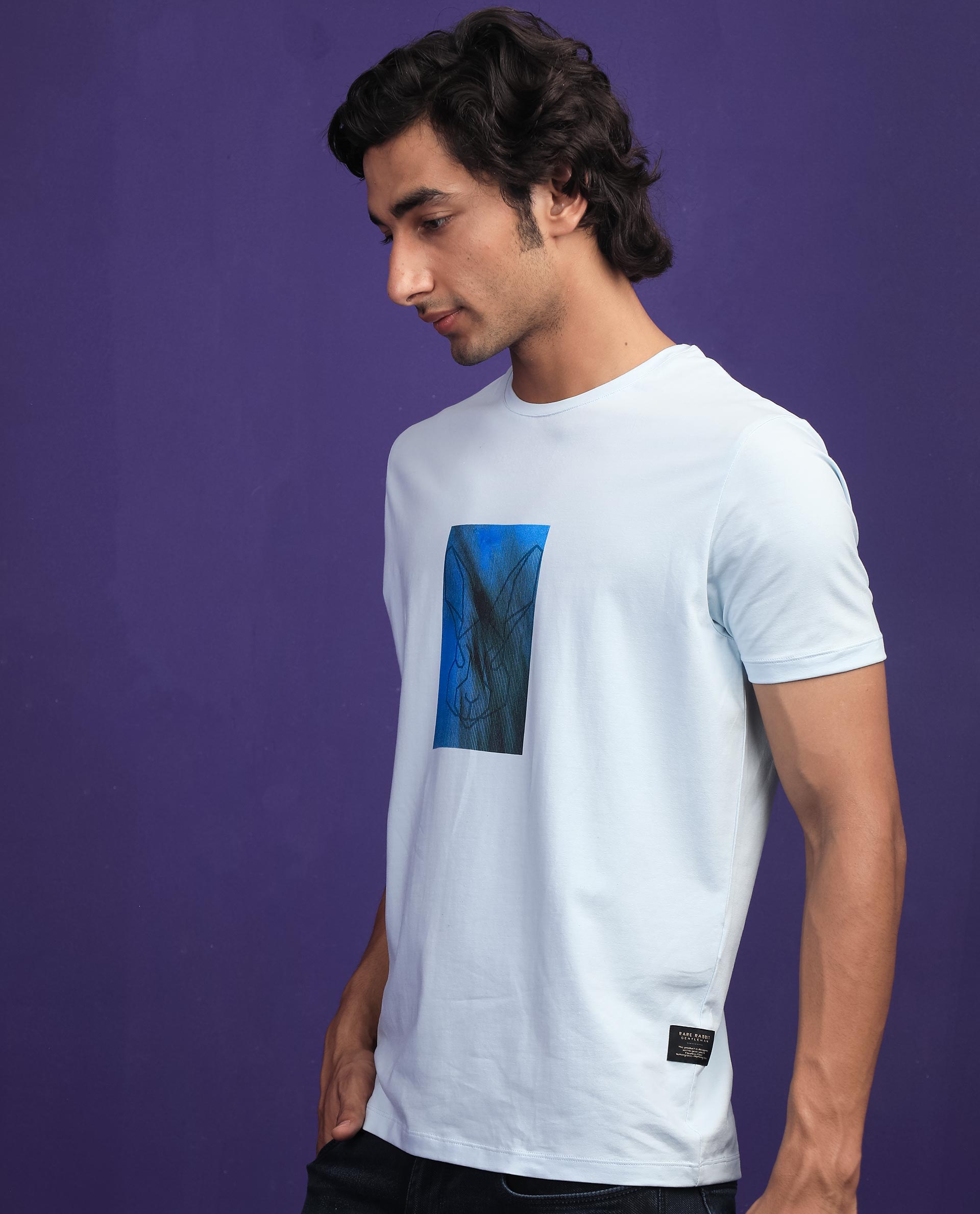 Rare Rabbit Men's Emine Light Blue Crew Neck Discharge Graphic Printed Half Sleeves Slim Fit T-Shirt