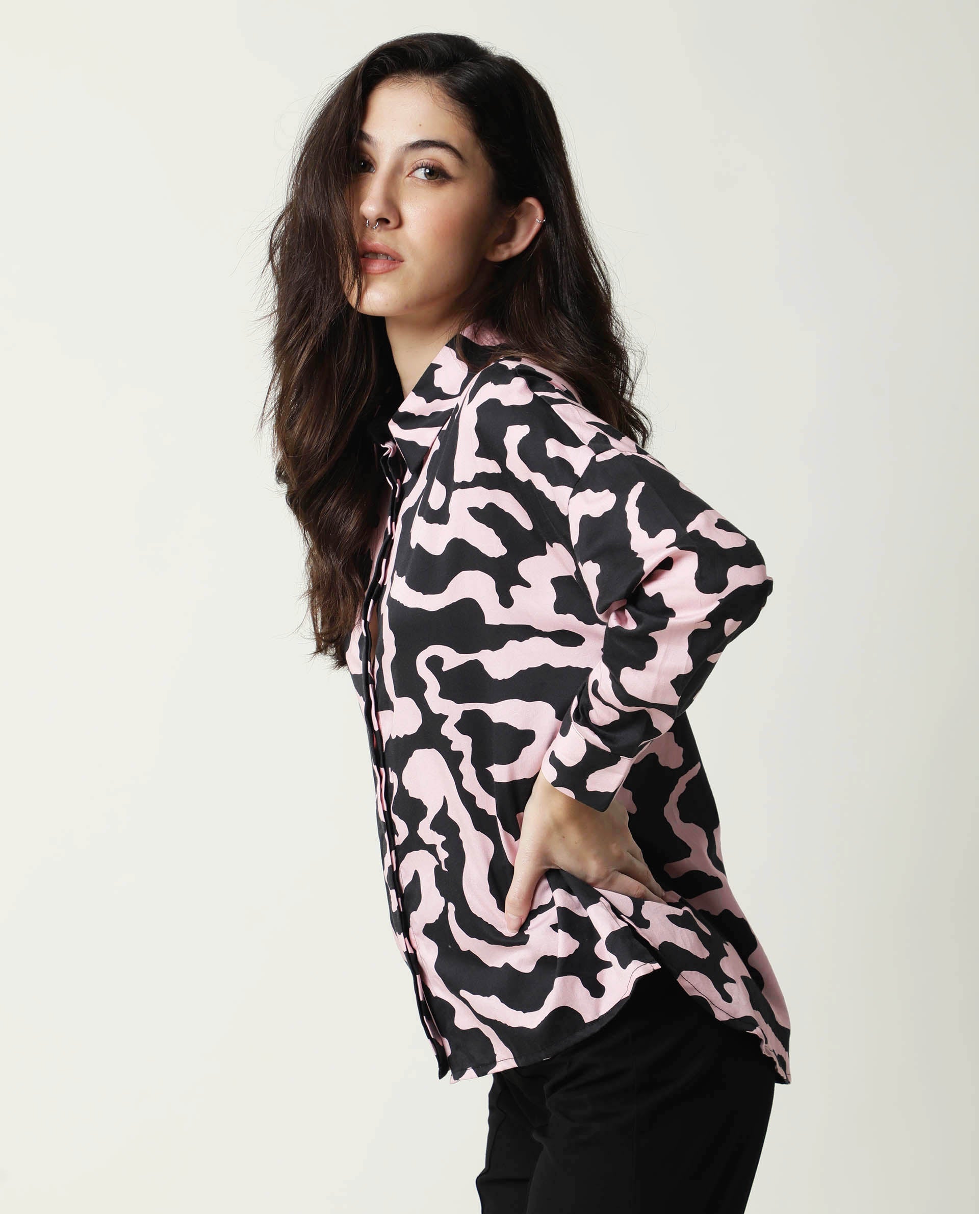 Rareism Women Revolt Black Cotton Linen Fabric Regular Fit Collarless Full Sleeves Abstract Print Top