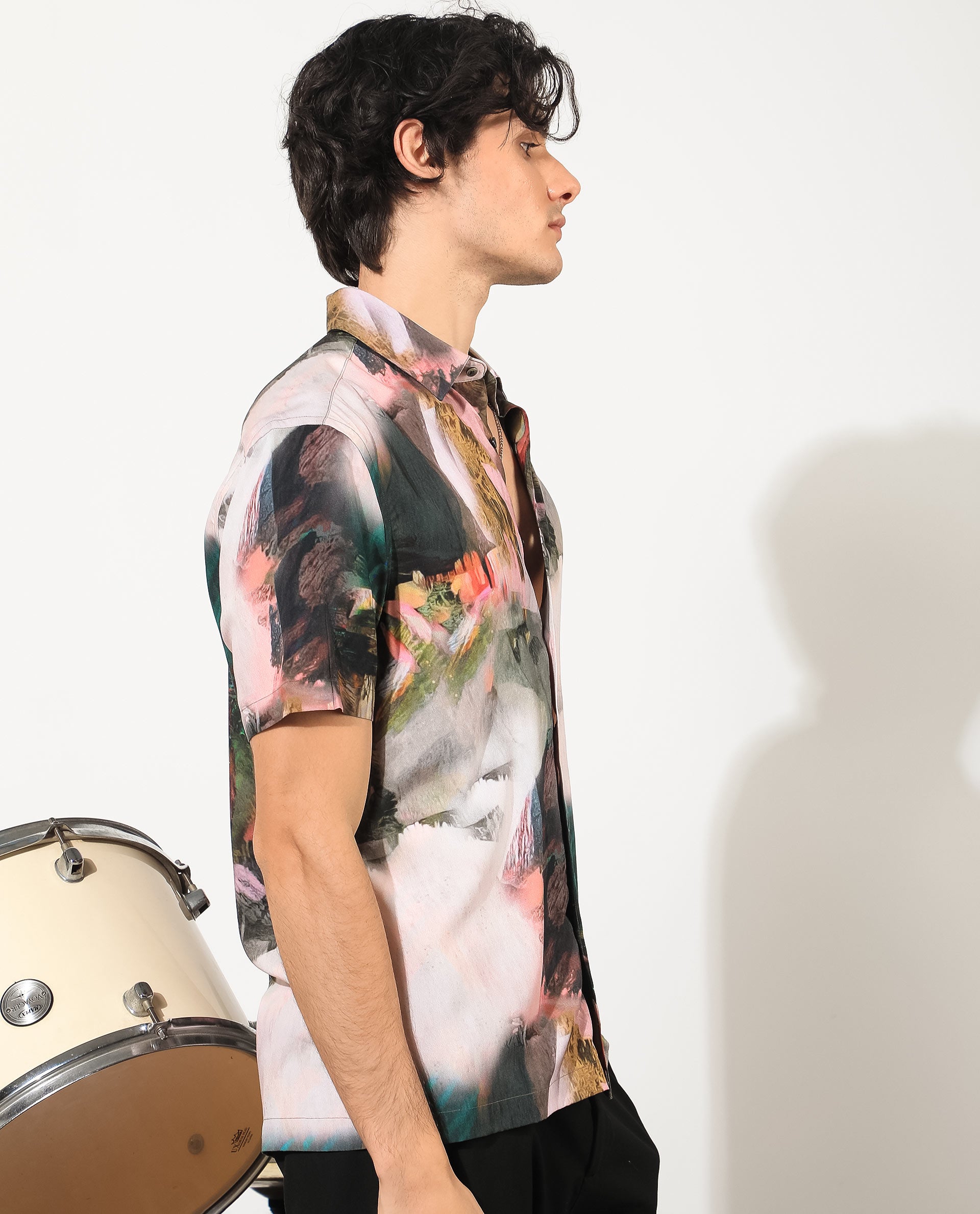 Rare Rabbit Men's Painter Green Viscose Fabric Half Sleeves Abstract Print Shirt