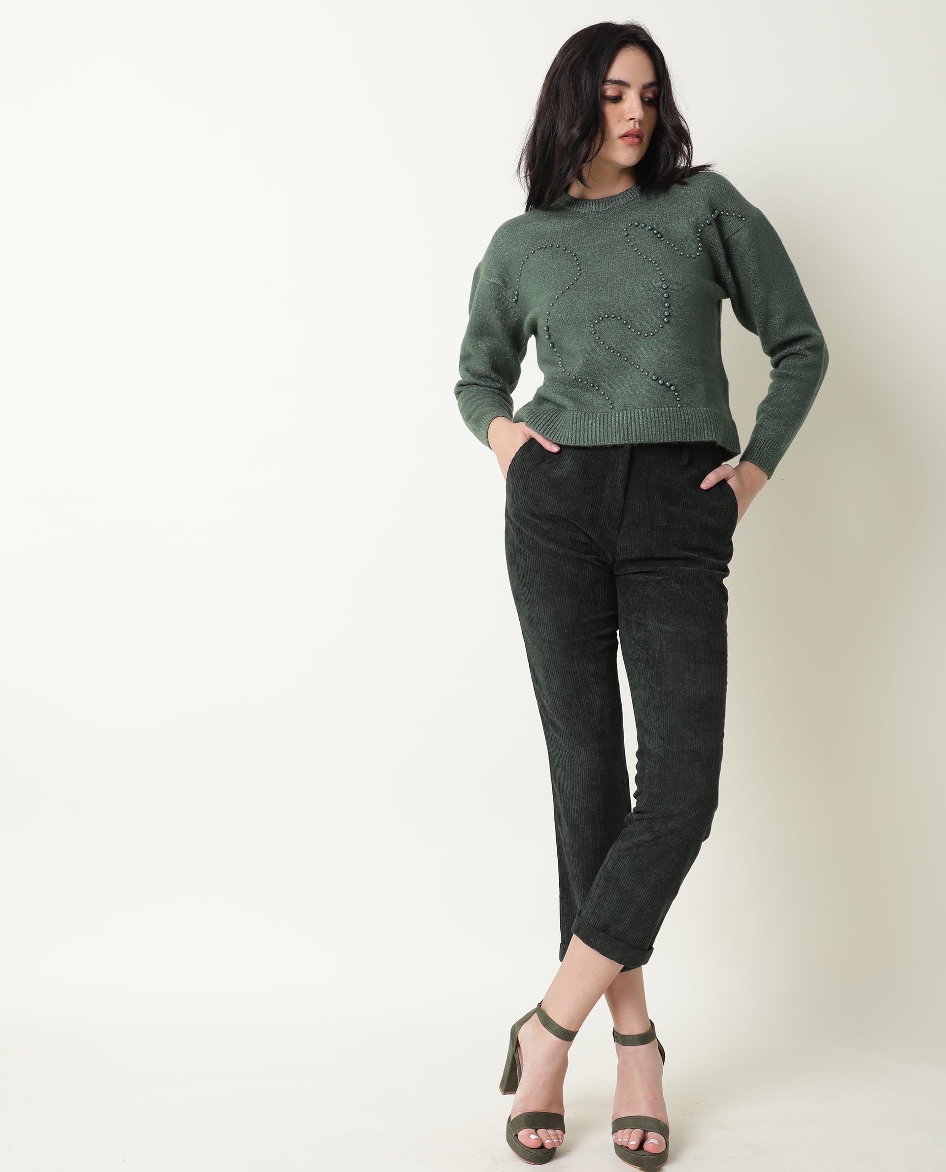 Rareism Women Tulsy Olive Acrylic Fabric Full Sleeves Knee Length Regular Fit Sequined Round Neck Sweater