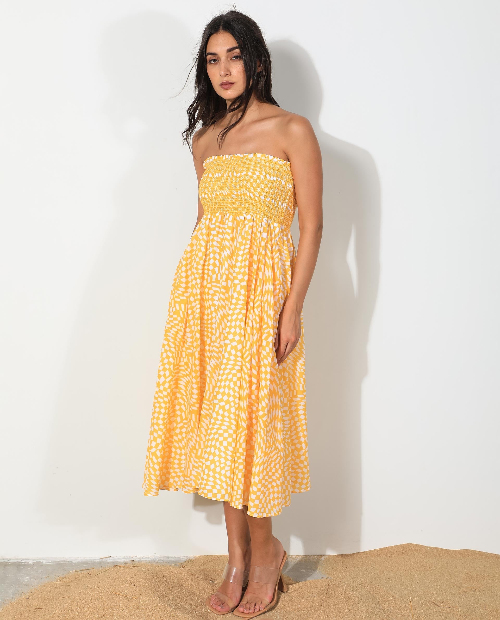 Rareism Women Daffodil Yellow Cotton Fabric Sleeveless Tube Neck Shoulder Straps Regular Fit Print Knee Length Dress