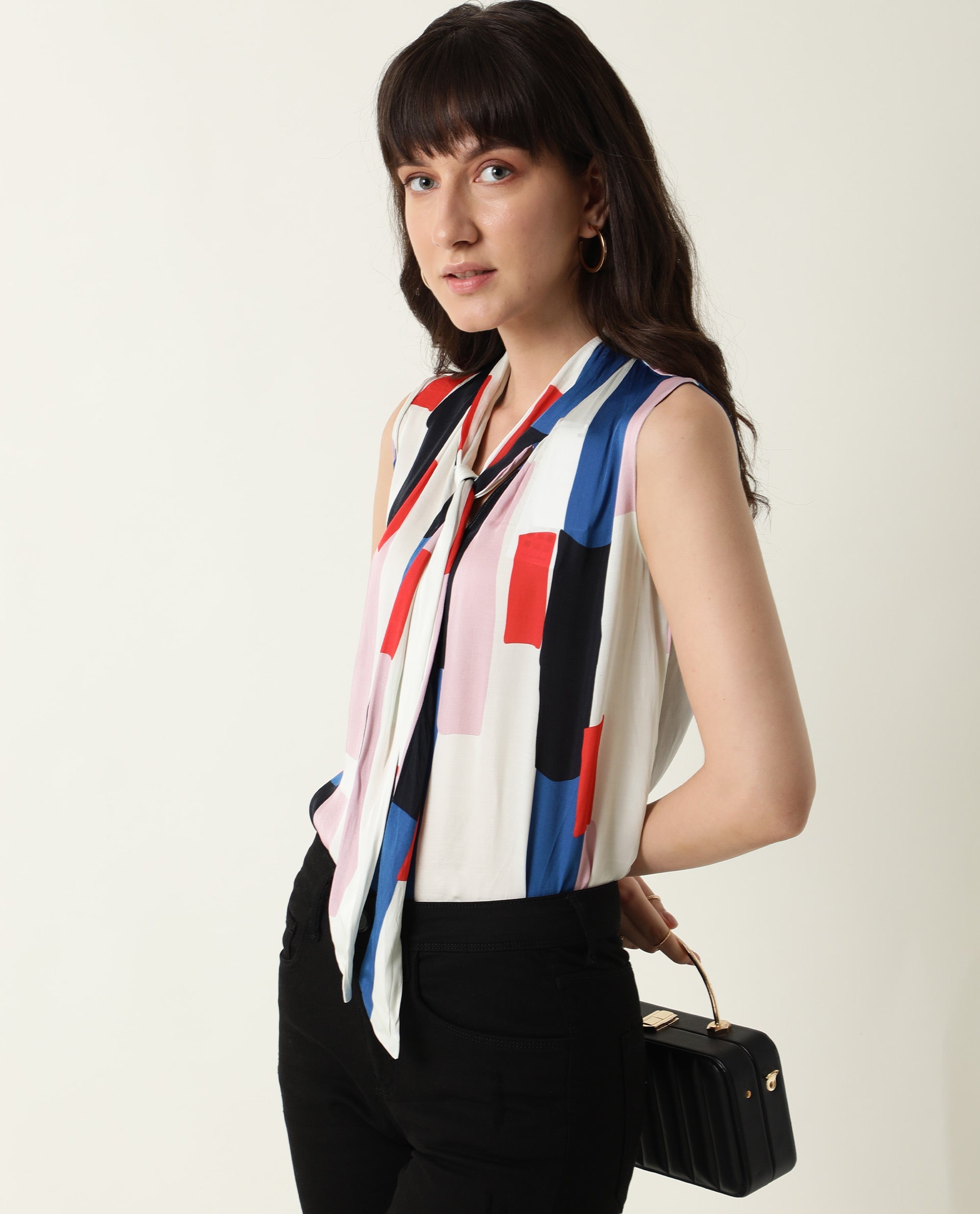 Rareism Womens Jazzes White Top Modal Satin Fabric Regular Fit Sleeveless Tie Up Neck