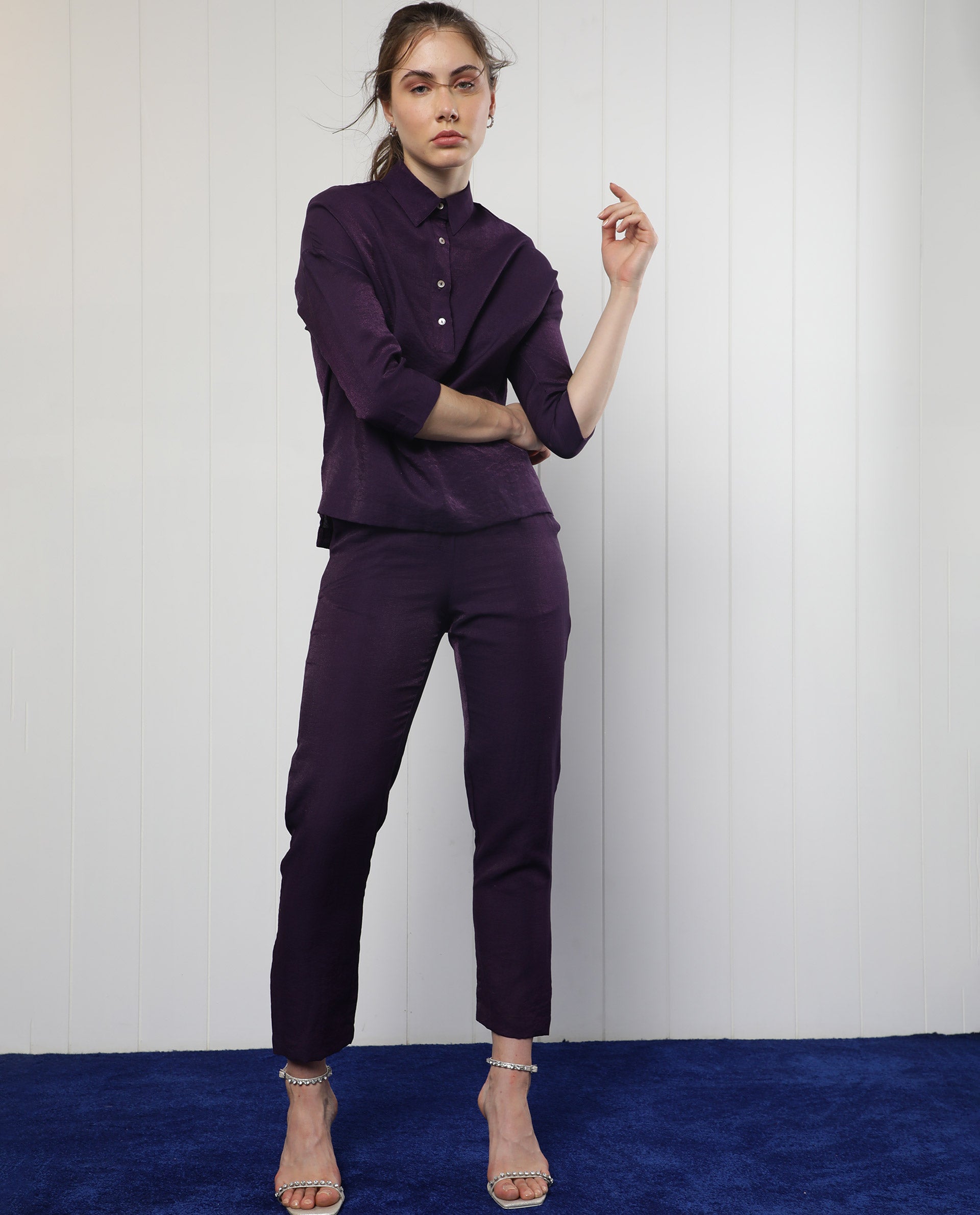Rareism Women Velynn Dark Purple Polyester Fabric Regular Fit Shirt Collar 3/4Th Sleeves Solid Top
