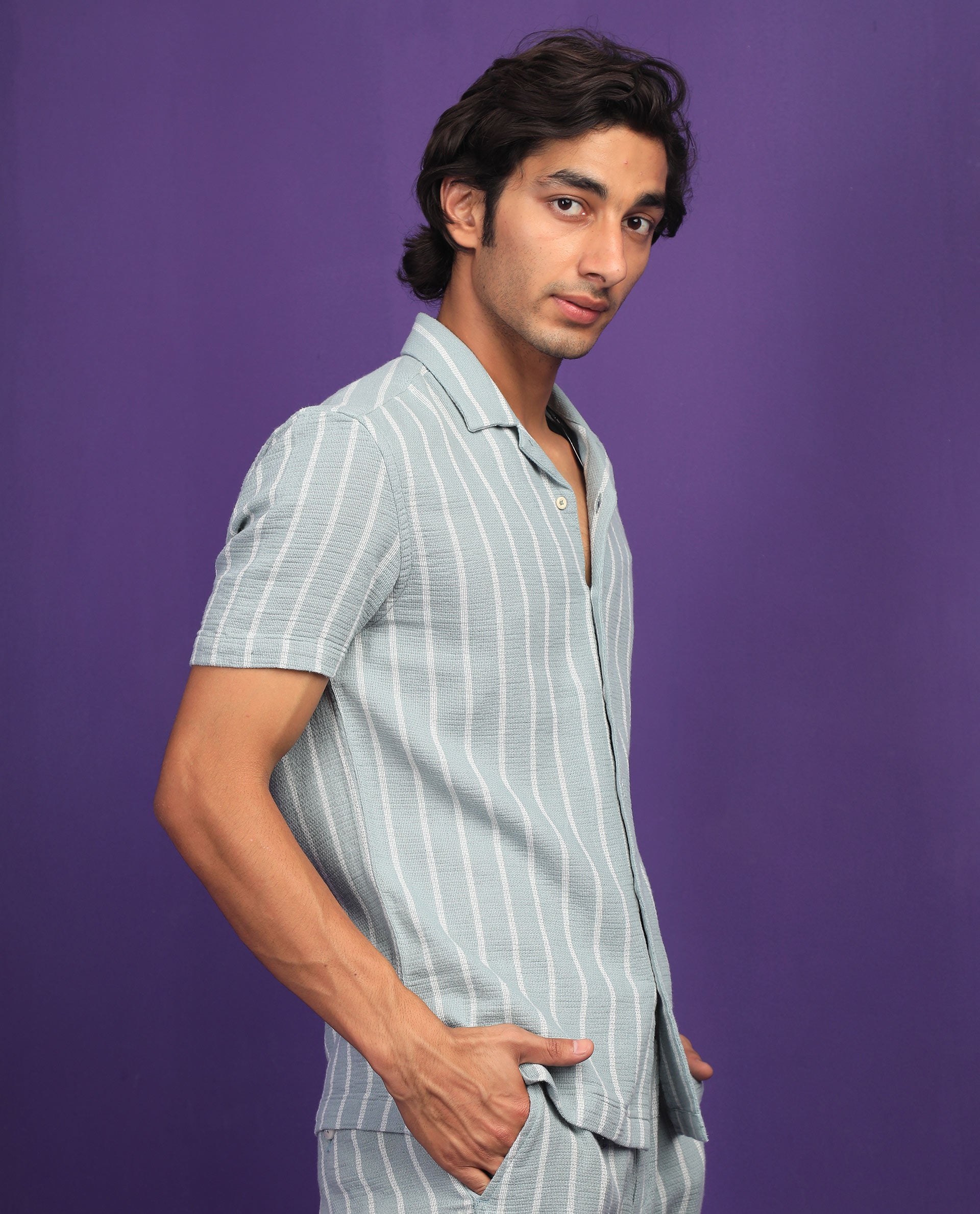 Rare Rabbit Men's Nanos Pastel Green Cotton Fabric Cuban Collar Half Sleeves Loosely Knit Stripe Shirt