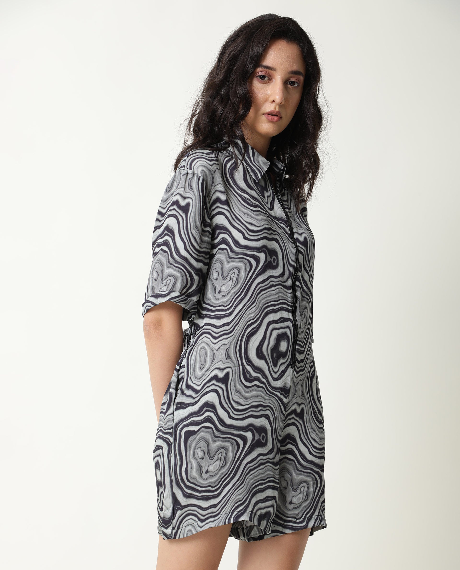 Rareism Women Santa Black Modal Satin Fabric Regular Fit Shirt Collar Abstract Print Playsuit