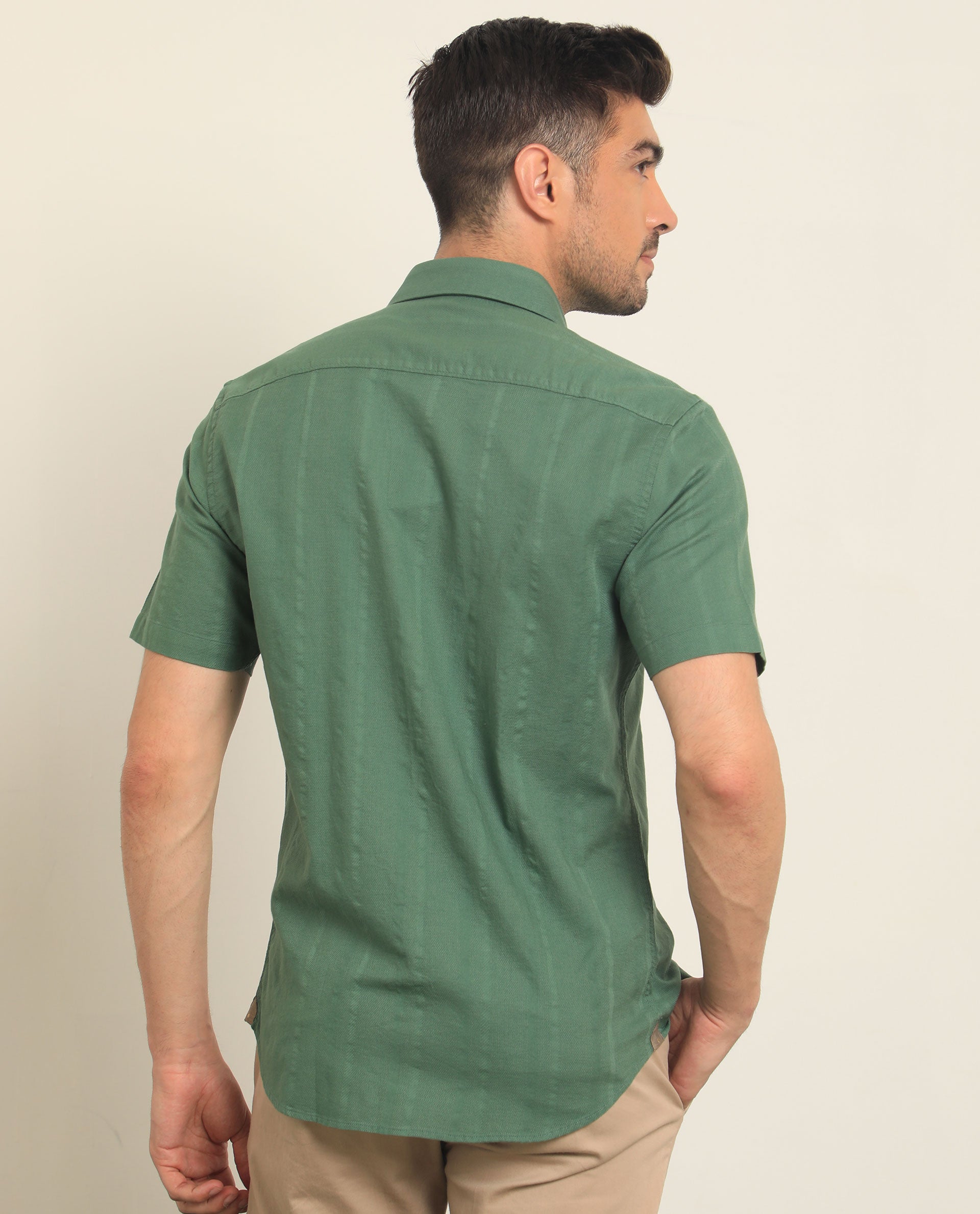 Rare Rabbit Mens Matto Green Cotton Fabric Short Sleeves Self Stripe Dobby Shirt