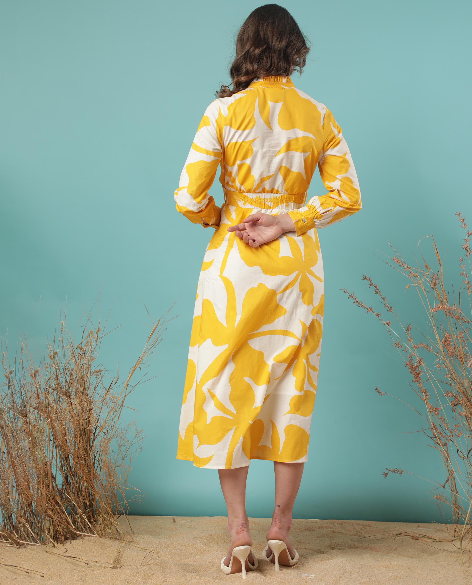 Rareism Women Eliott White Floral Print Mandarin Collar V Neck Full Sleeves With Cuff And Fabric Waist Belt Midi Dress