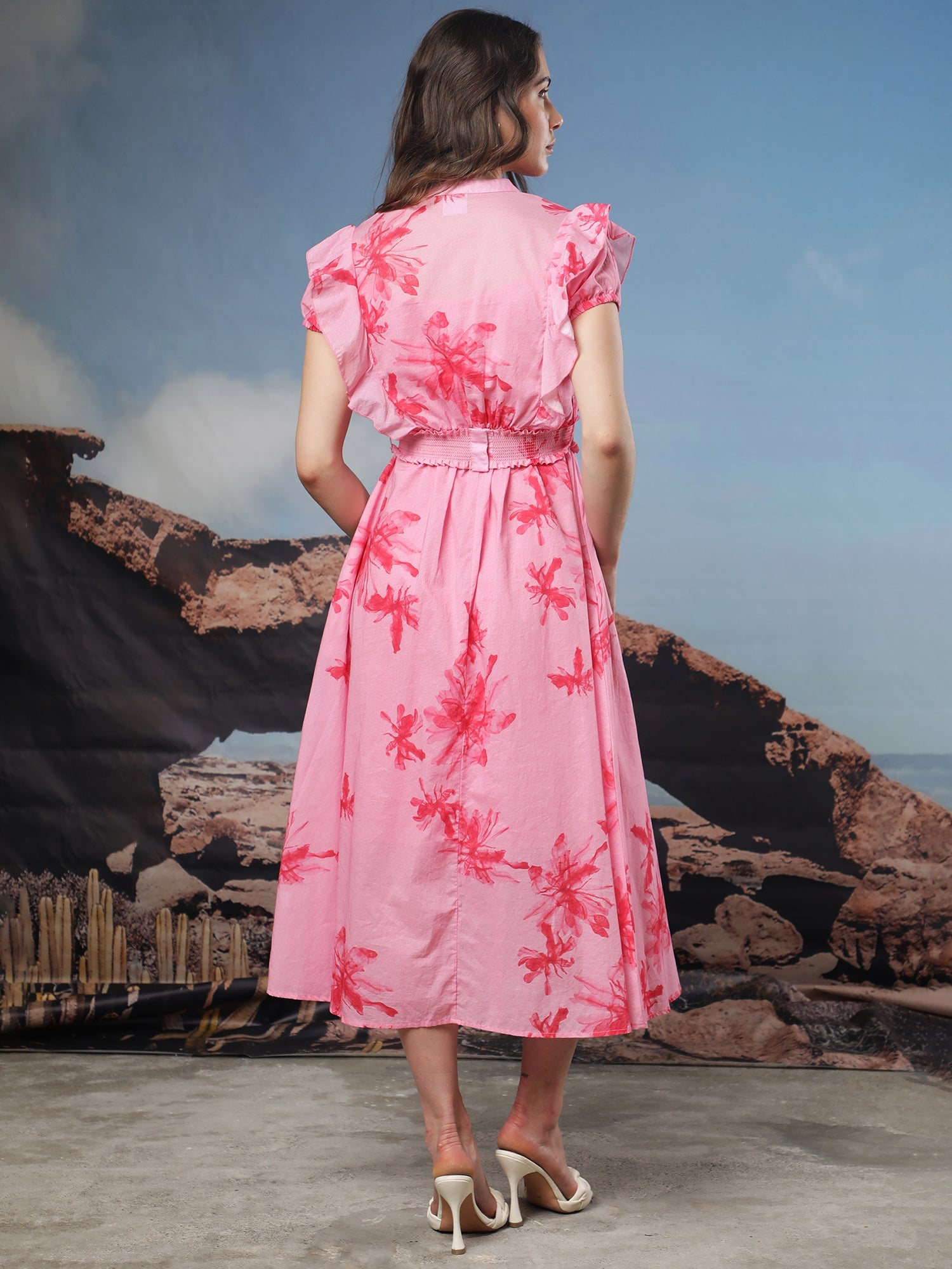 Rareism Women Octane Light Pink Cotton Fabric Short Sleeves Button Closure Mandarin Collar Extended Sleeve Regular Fit Abstract Print Knee Length Flared Dress