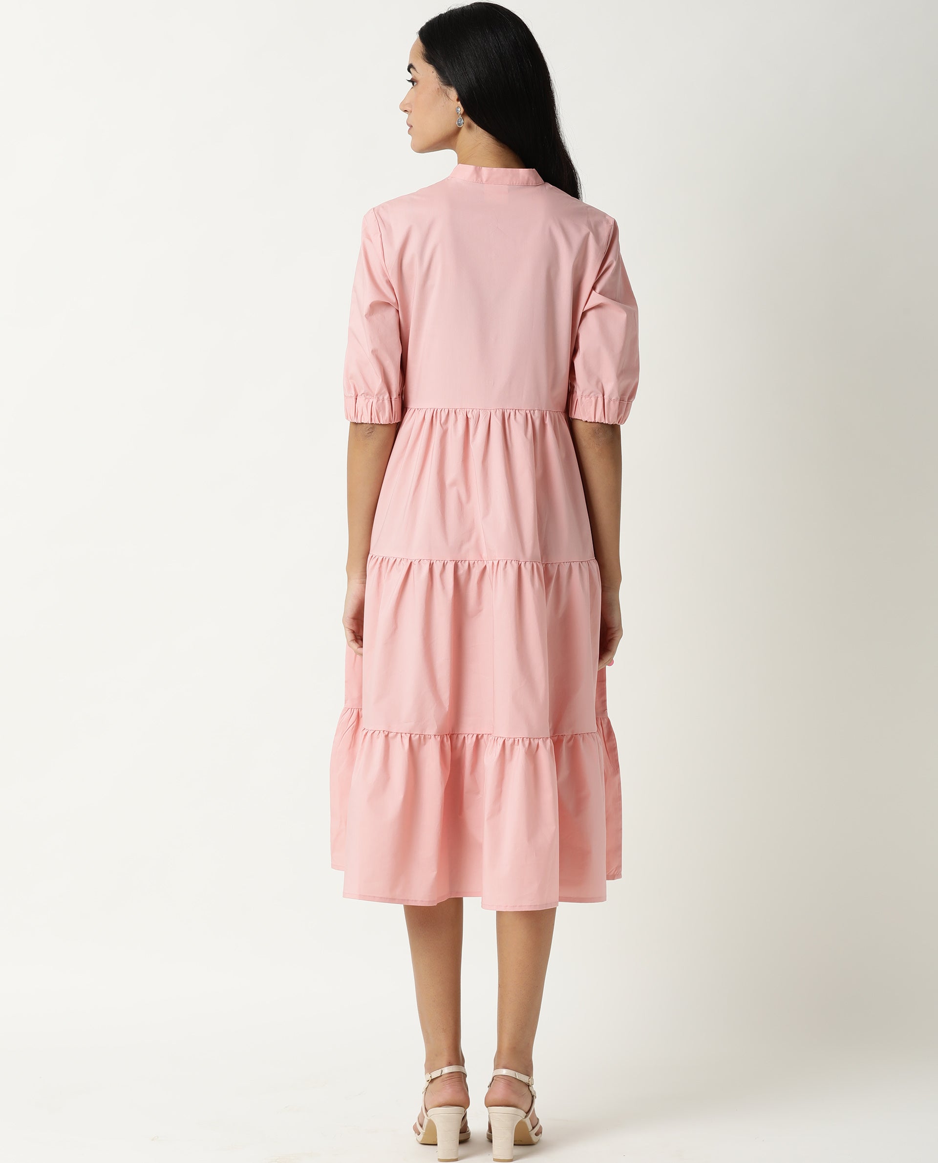 Rareism Women Alena Pink Mandarin Collar 3/4 Sleeves With Pocket Tiered Knee Length Dress